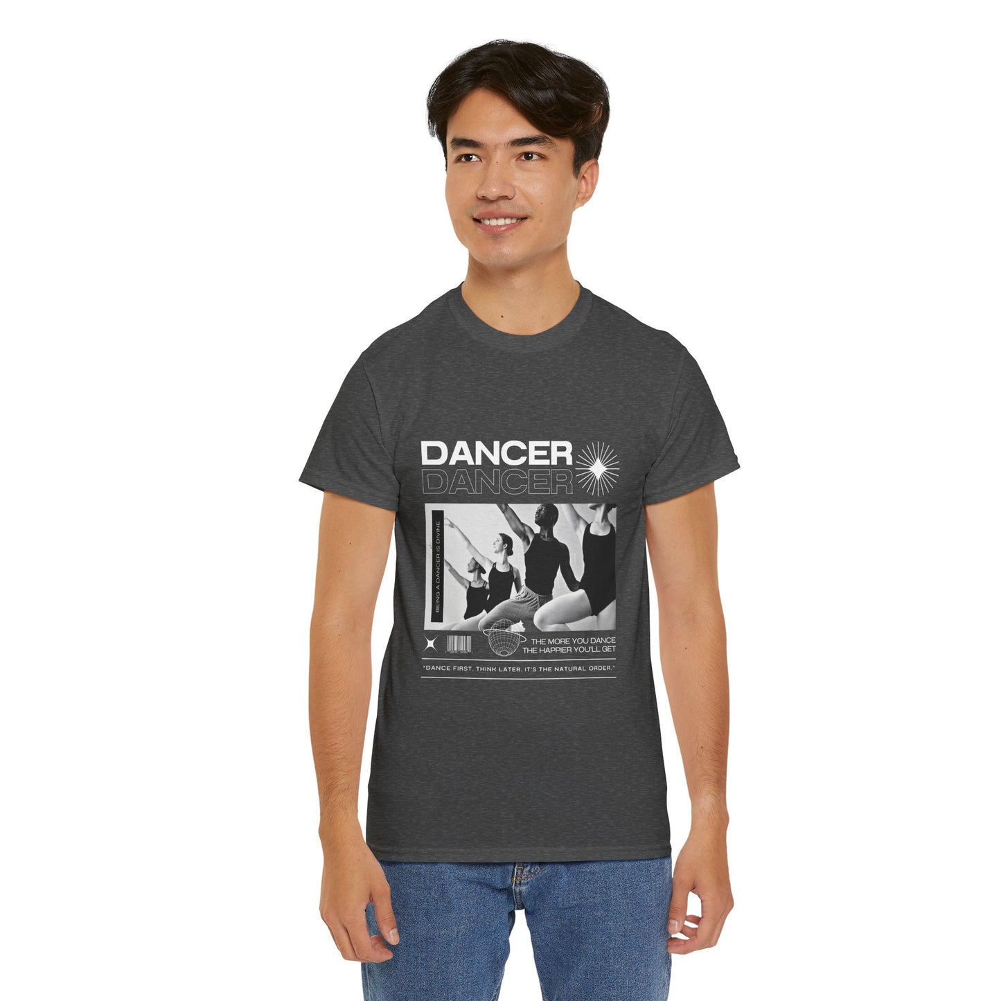 "Dancer" with ballet dancers at the Barre - Unisex Heavy Cotton Tee | Streetwear-Inspired Ballet Training Graphic T-Shirt for Dance Lovers