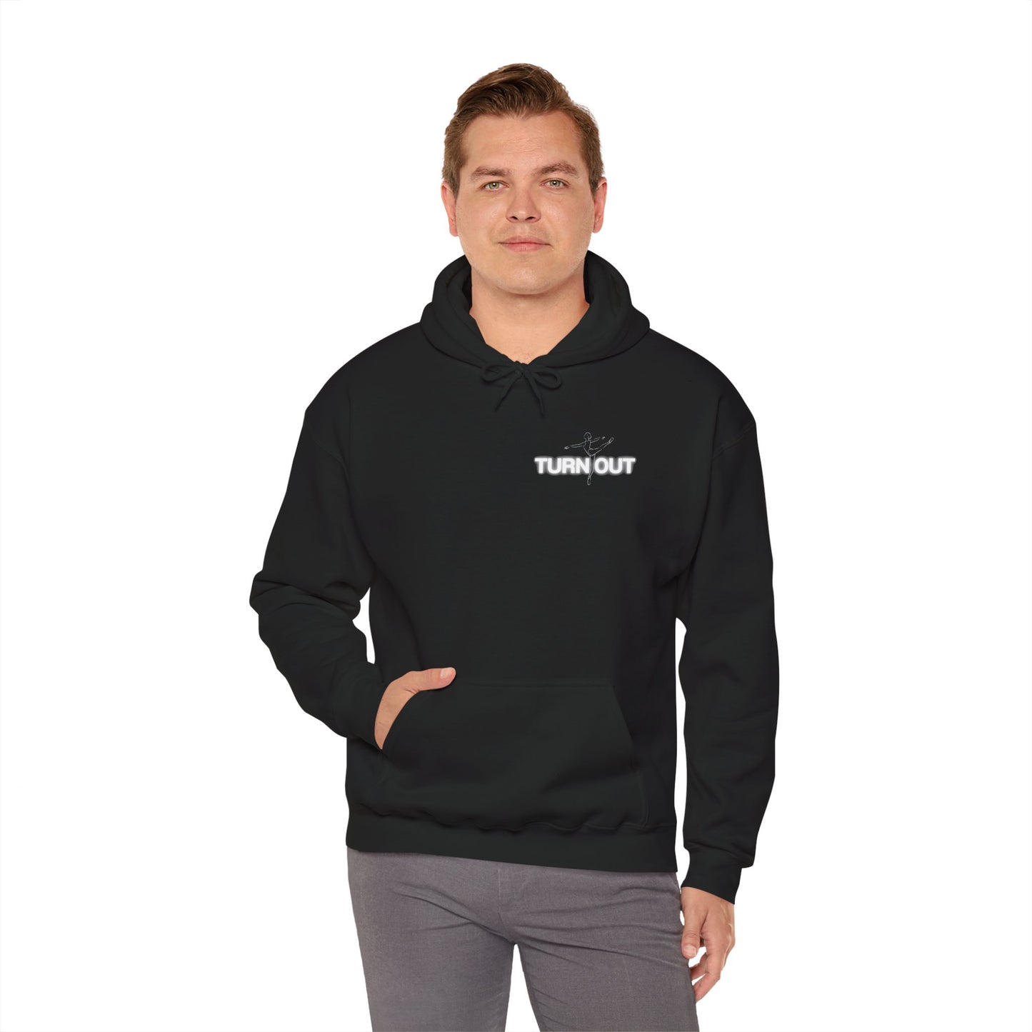 "Turn Out" Ballet Hoodie – Unisex Heavy Blend™ Hooded Sweatshirt with Front & Back Ballerina Graphics for Dancers