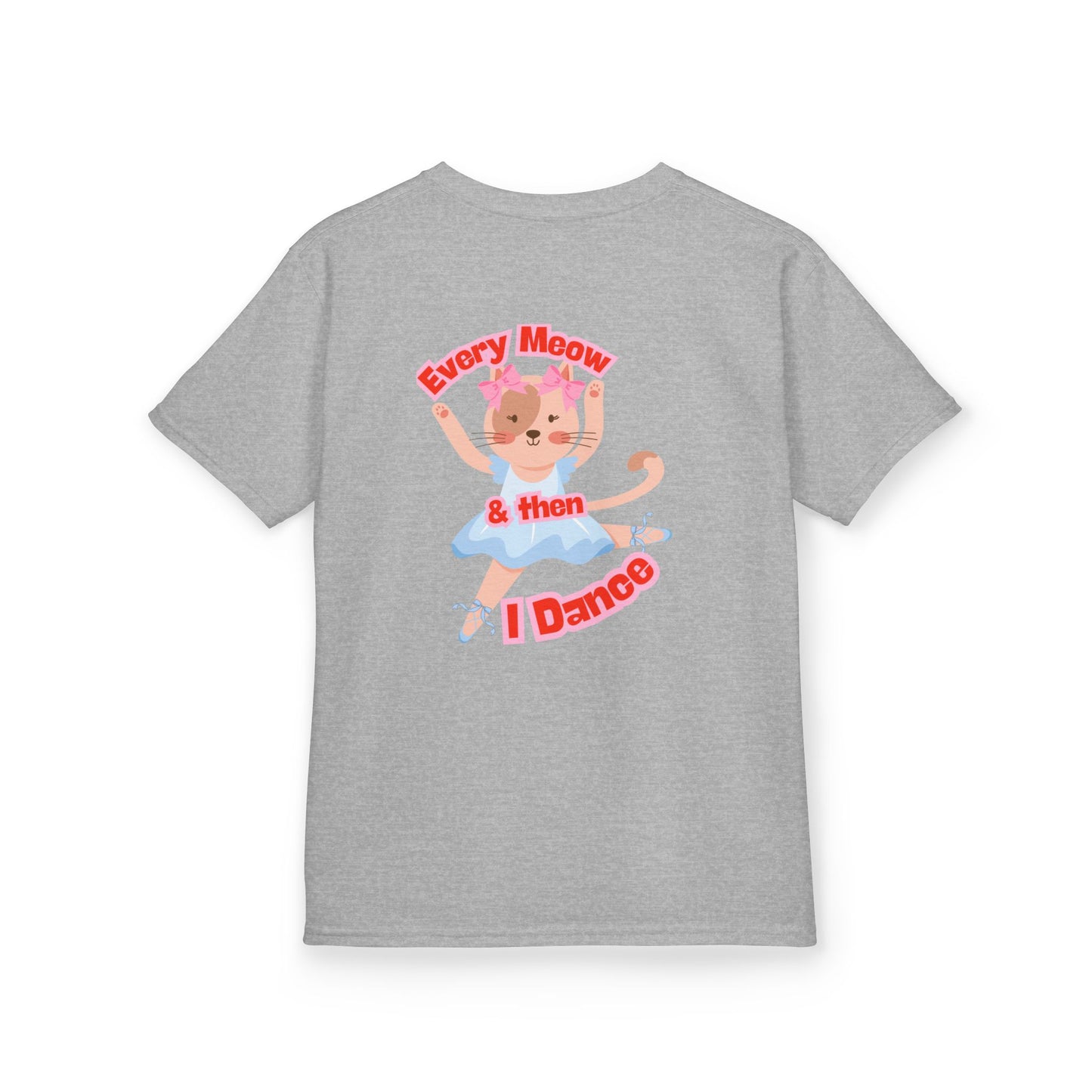"Every Meow & Then I Dance" – Youth Short Sleeve Tee with Cute Dancing Cat Graphic | Kids’ Dance & Cat Lover T-Shirt