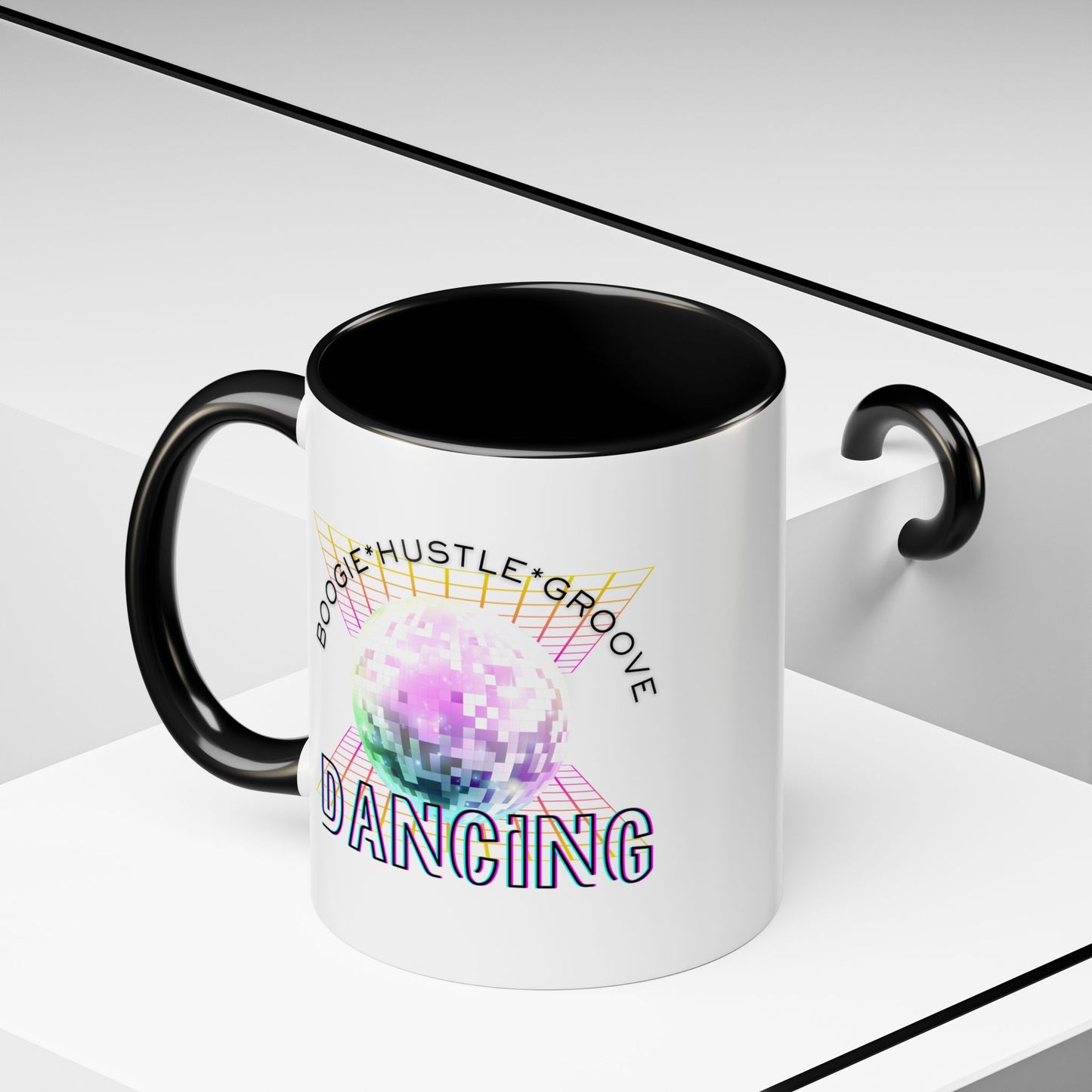 "Boogie, Hustle, Groove - Dancing" Disco Accent Coffee Mug – Fun Retro Dance Gift for Coffee Lovers