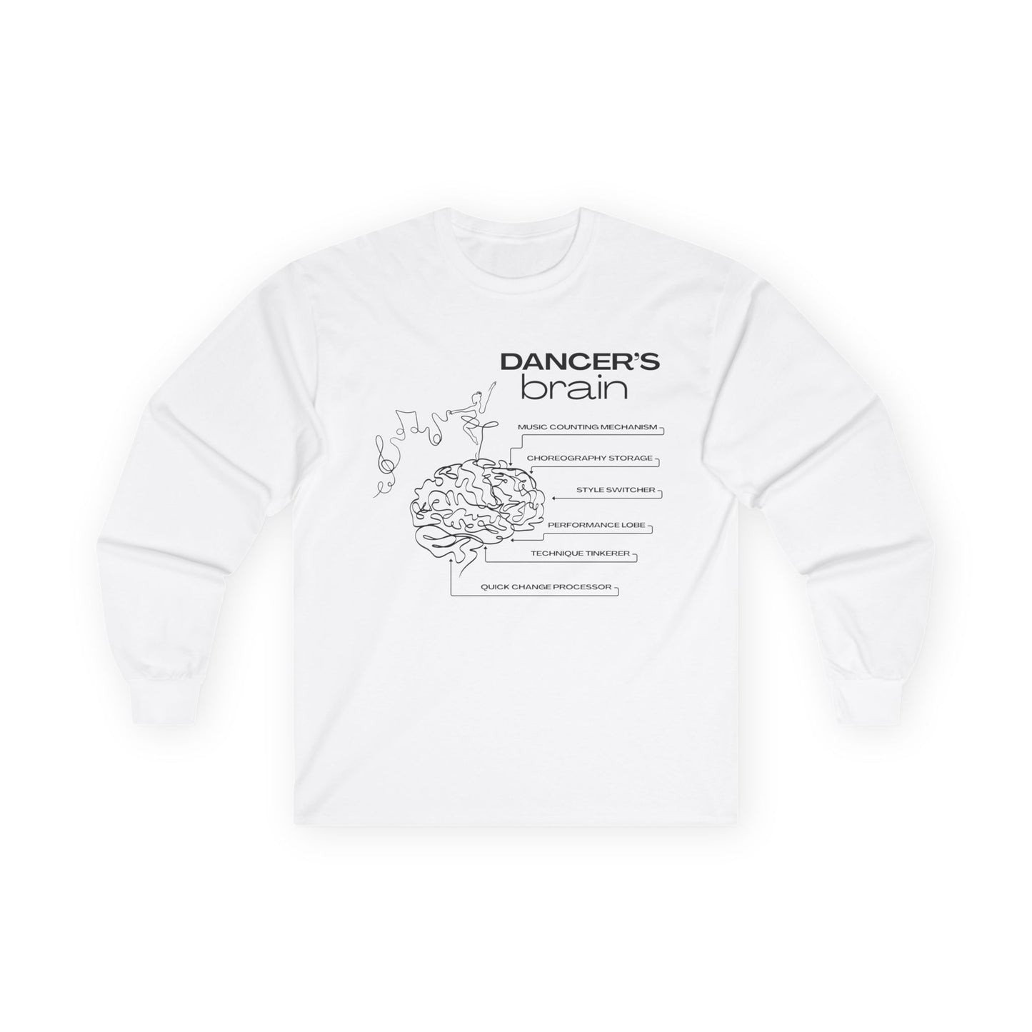 “Dancer’s Brain” Unisex Long Sleeve Tee – Funny Ballet & Dance Graphic Shirt with Labeled Brain Design + Optional Name or Studio Personalization