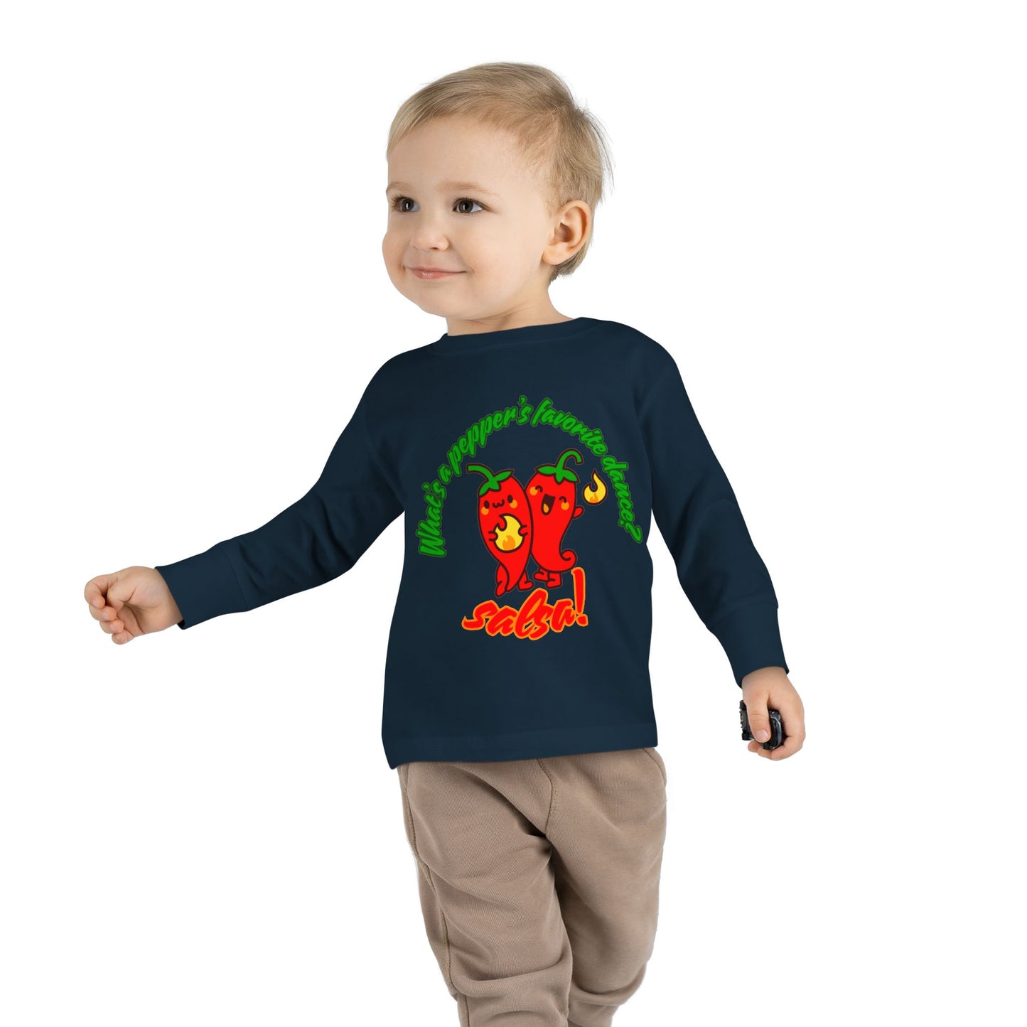 "What Is a Pepper's Favorite Dance? Salsa!" Toddler Dance T-Shirt – Cute Pepper Pun Graphic Long Sleeve Tee for Kids