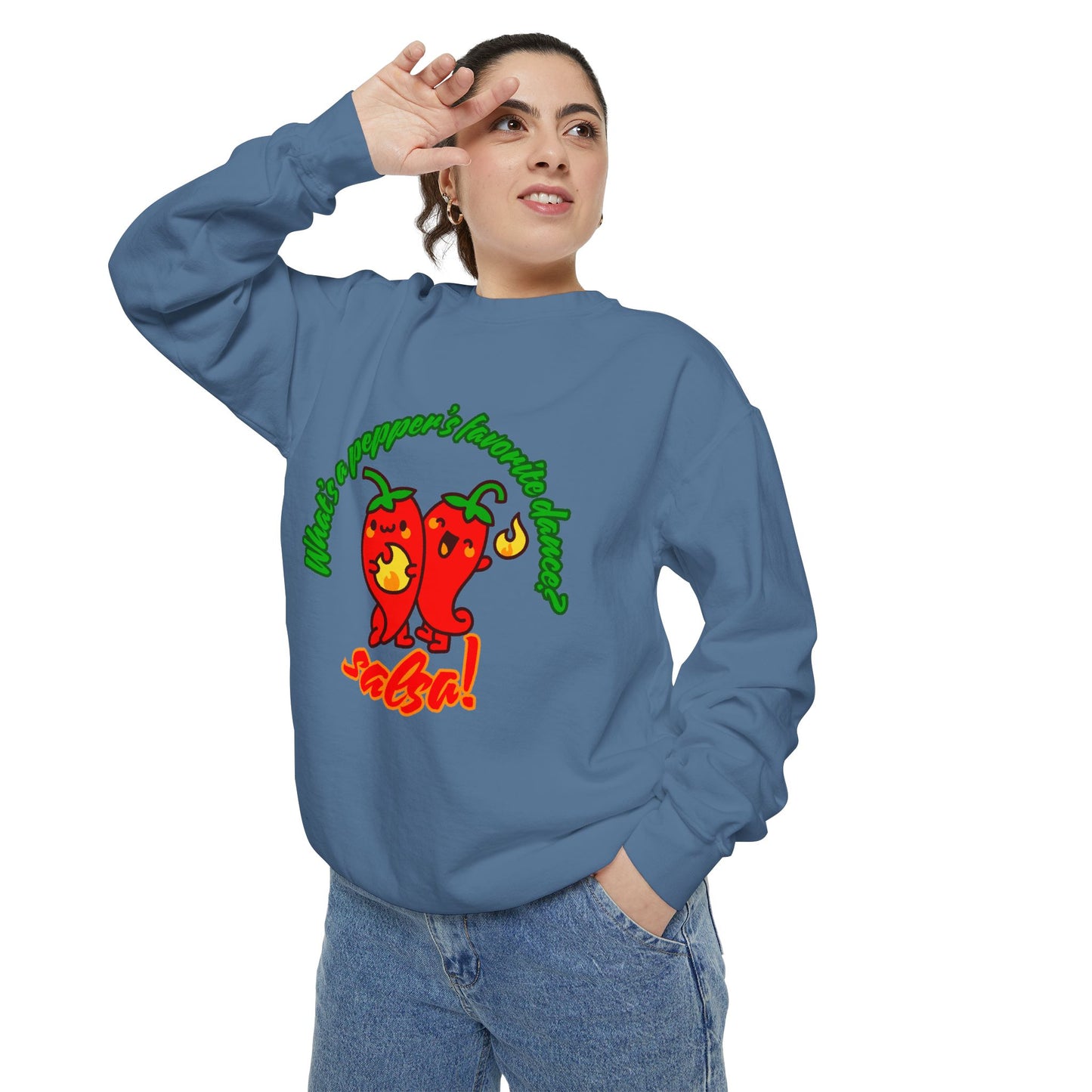 "What's a Pepper's Favorite Dance? Salsa!" Unisex Lightweight Crewneck Sweatshirt – Fun Dance Pun Pullover with Cute Pepper Graphic for Dancers & Food Lovers