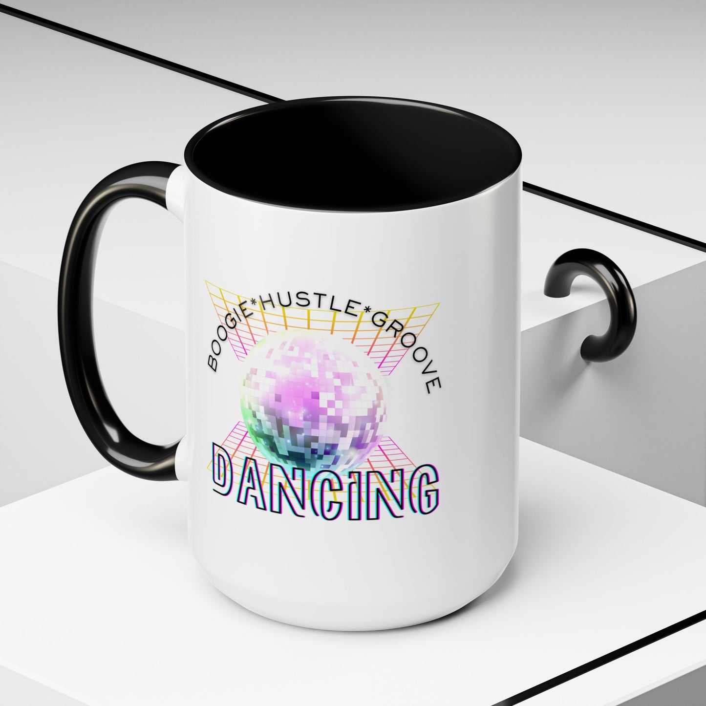 "Boogie, Hustle, Groove - Dancing" Disco Accent Coffee Mug – Fun Retro Dance Gift for Coffee Lovers