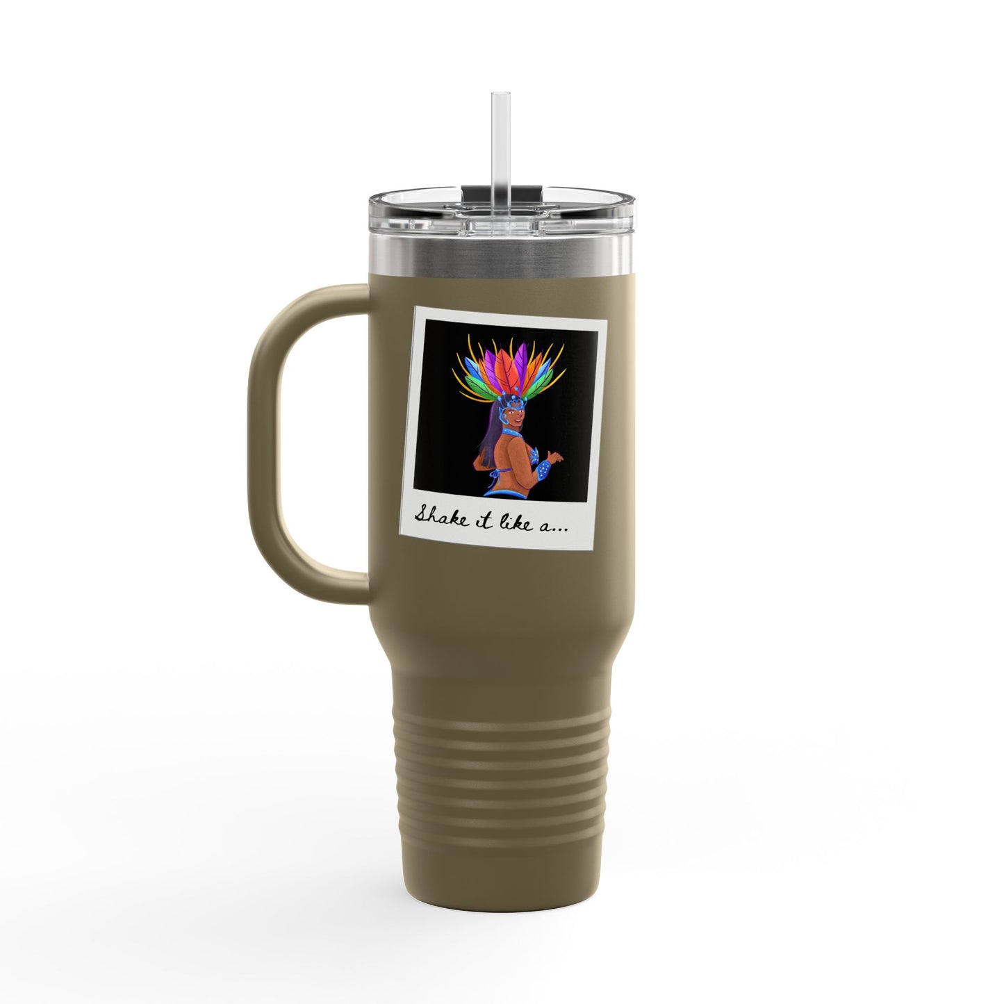 "Shake It Like a..." 40oz Insulated Travel Mug – Carnival Samba Dancer Graphic | Fun Dance-Themed Stainless Steel Tumbler for Hot & Cold Drinks