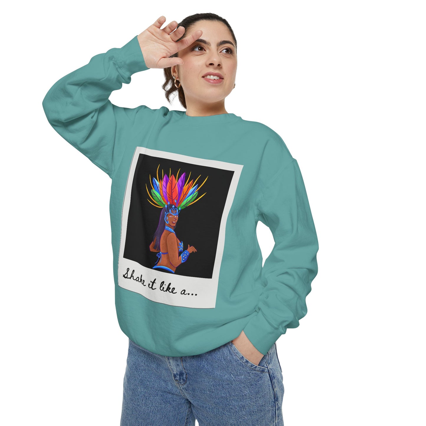 "Shake It Like a..." Unisex Lightweight Crewneck Sweatshirt – Carnival-Inspired Samba Dancer Graphic Pullover for Dance Lovers & Festival Vibes