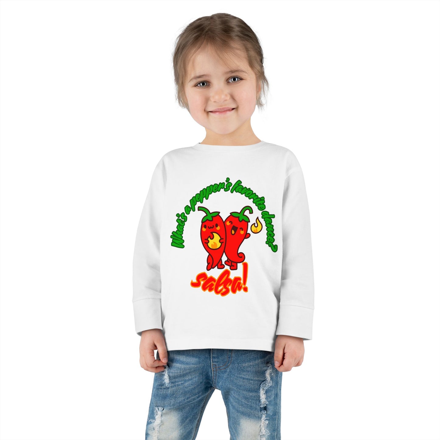 "What Is a Pepper's Favorite Dance? Salsa!" Toddler Dance T-Shirt – Cute Pepper Pun Graphic Long Sleeve Tee for Kids