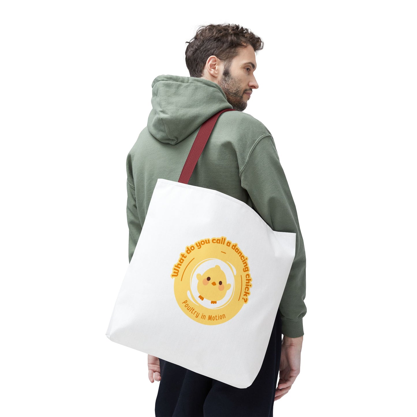 "What do you call a dancing chick? Poultry in Motion" Funny Dance Tote Bag – Kawaii Chicken Canvas Tote for Dancers & Dance Lovers