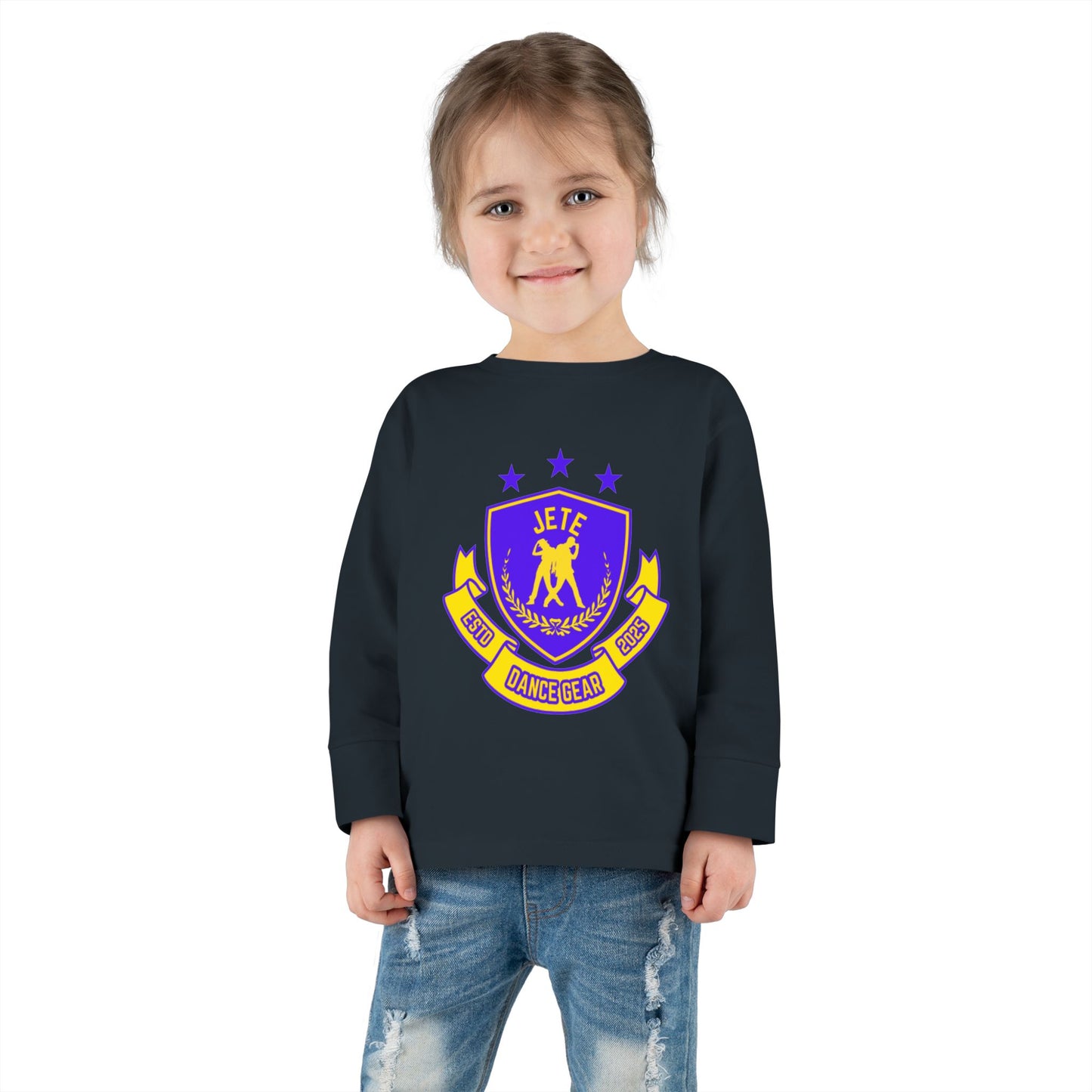 "Jeté Dance Gear" Toddler Dance T-Shirt – Collegiate-Inspired Dancer Graphic Long Sleeve Tee for Kids