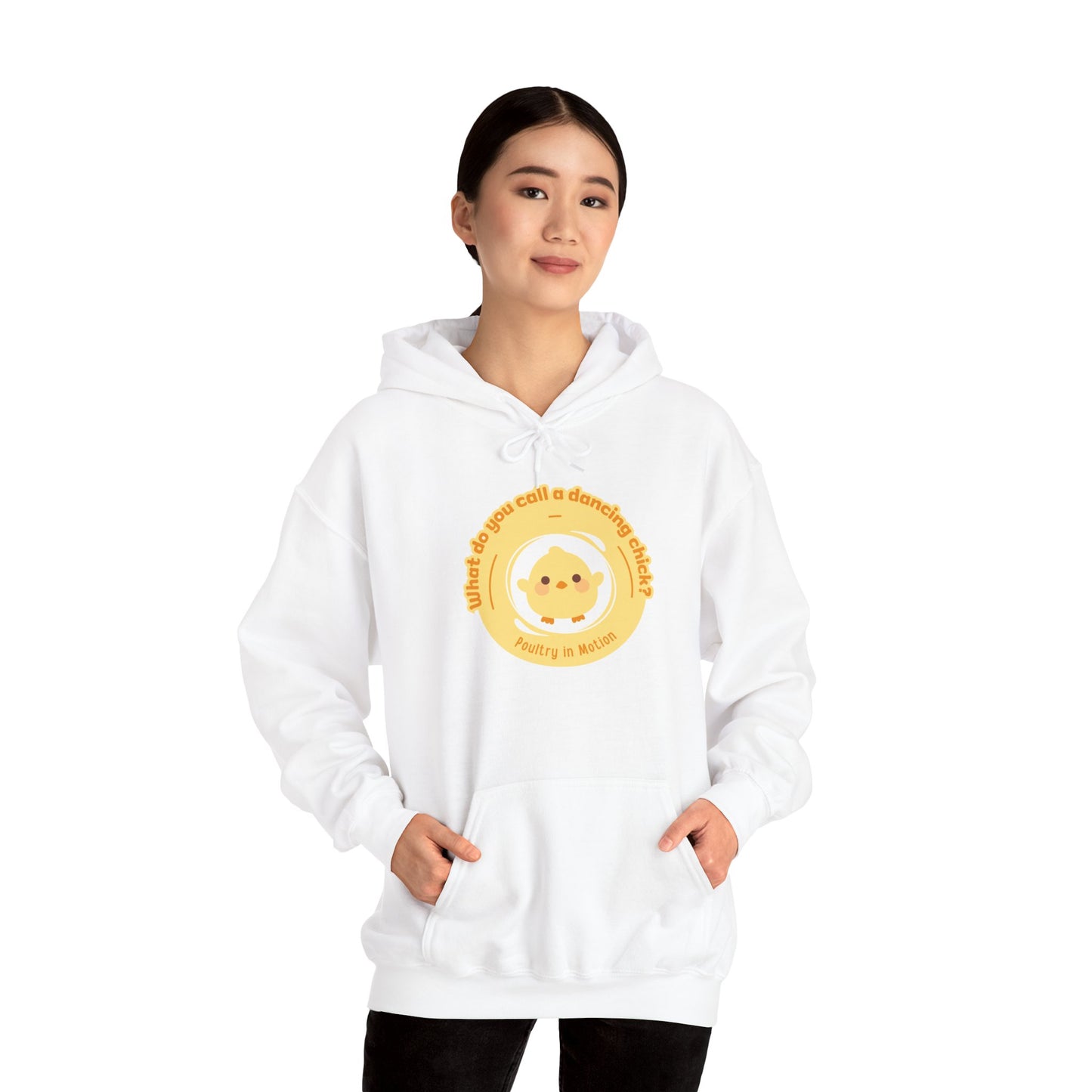 "What do you call a dancing chick? Poultry in Motion" Unisex Dance Hoodie – Funny Dancing Chick Graphic Sweatshirt for Dancers