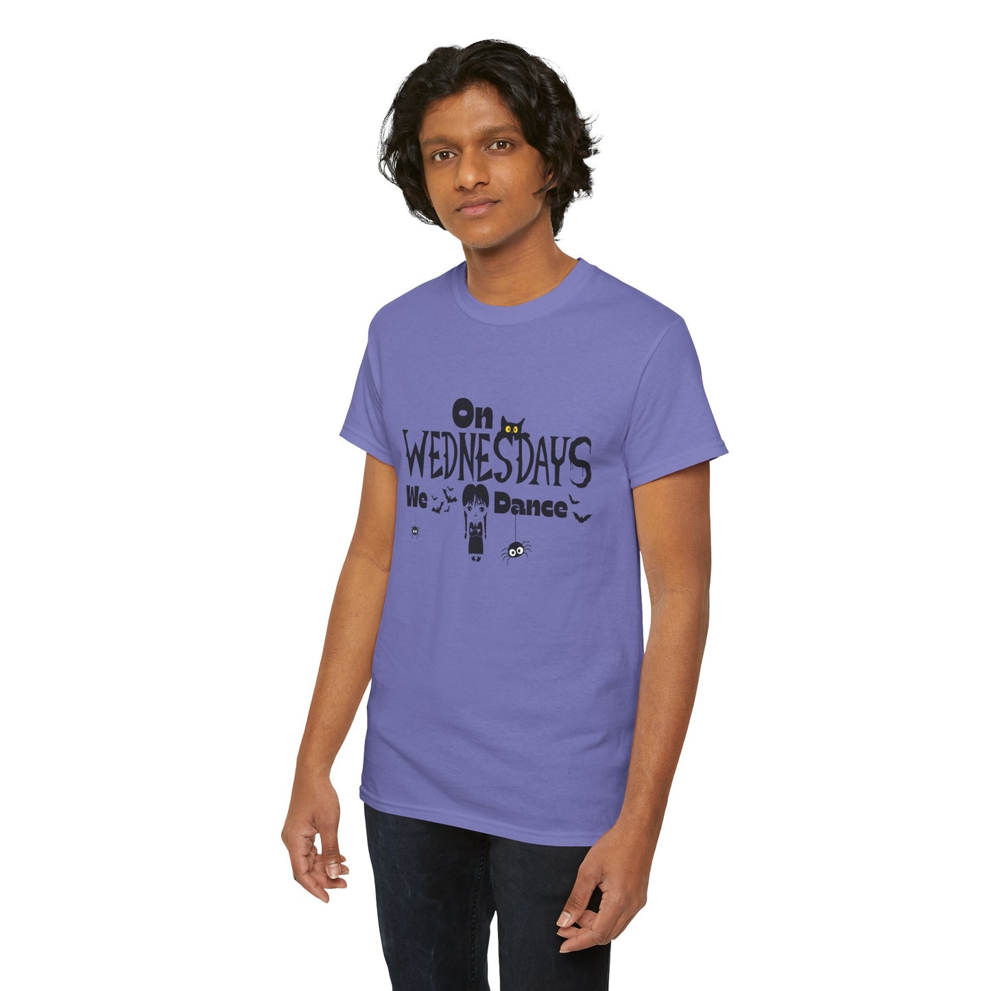“On Wednesdays We Dance” Gothic Halloween T-Shirt with Cute Girl, Black Cat, Spiders & Bats - Unisex Heavy Cotton Tee