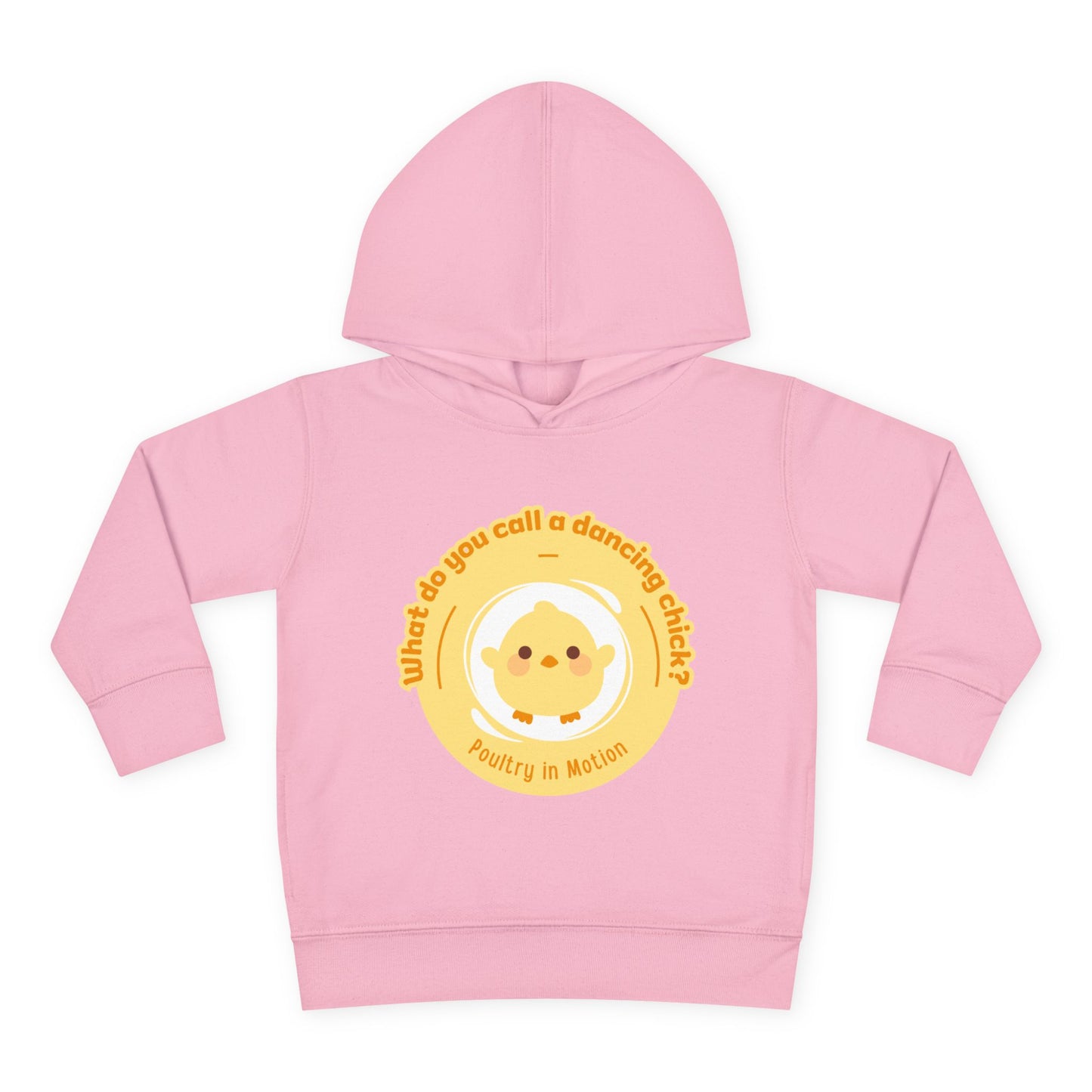 "What do you call a dancing chick? Poultry in Motion." Toddler Pullover Hoodie – Funny Dancing Chicken Pun Graphic Fleece Sweatshirt for Kids