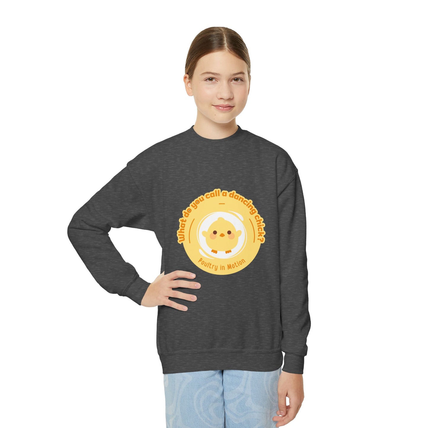 "What do you call a dancing chick? Poultry in Motion." – Funny Dance Pun Youth Crewneck Sweatshirt | Cute Dancing Chicken Kids Pullover