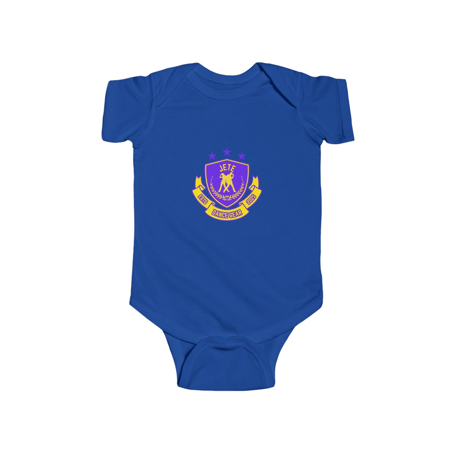 "Jeté Dance Gear" Infant Short Sleeve Bodysuit – Collegiate-Inspired Dance Graphic Baby Outfit for Future Dancers