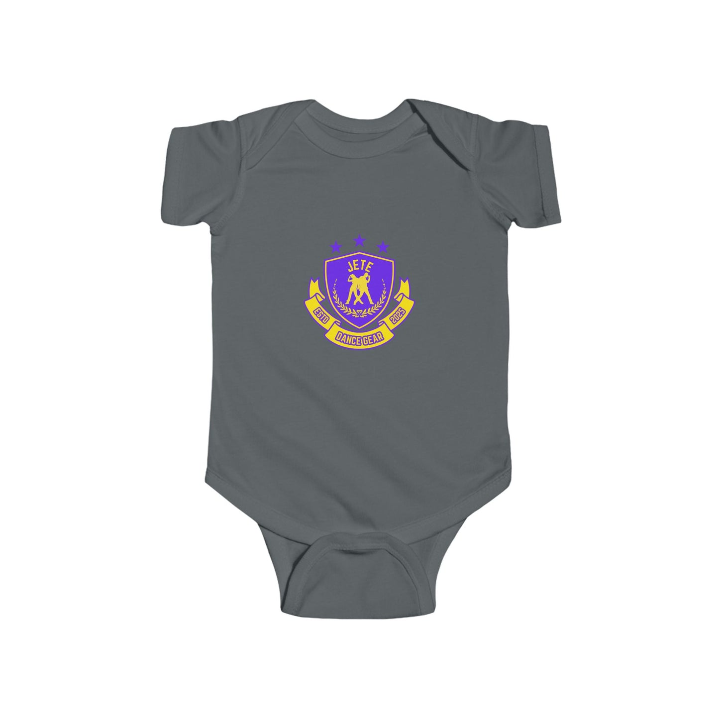 "Jeté Dance Gear" Infant Short Sleeve Bodysuit – Collegiate-Inspired Dance Graphic Baby Outfit for Future Dancers