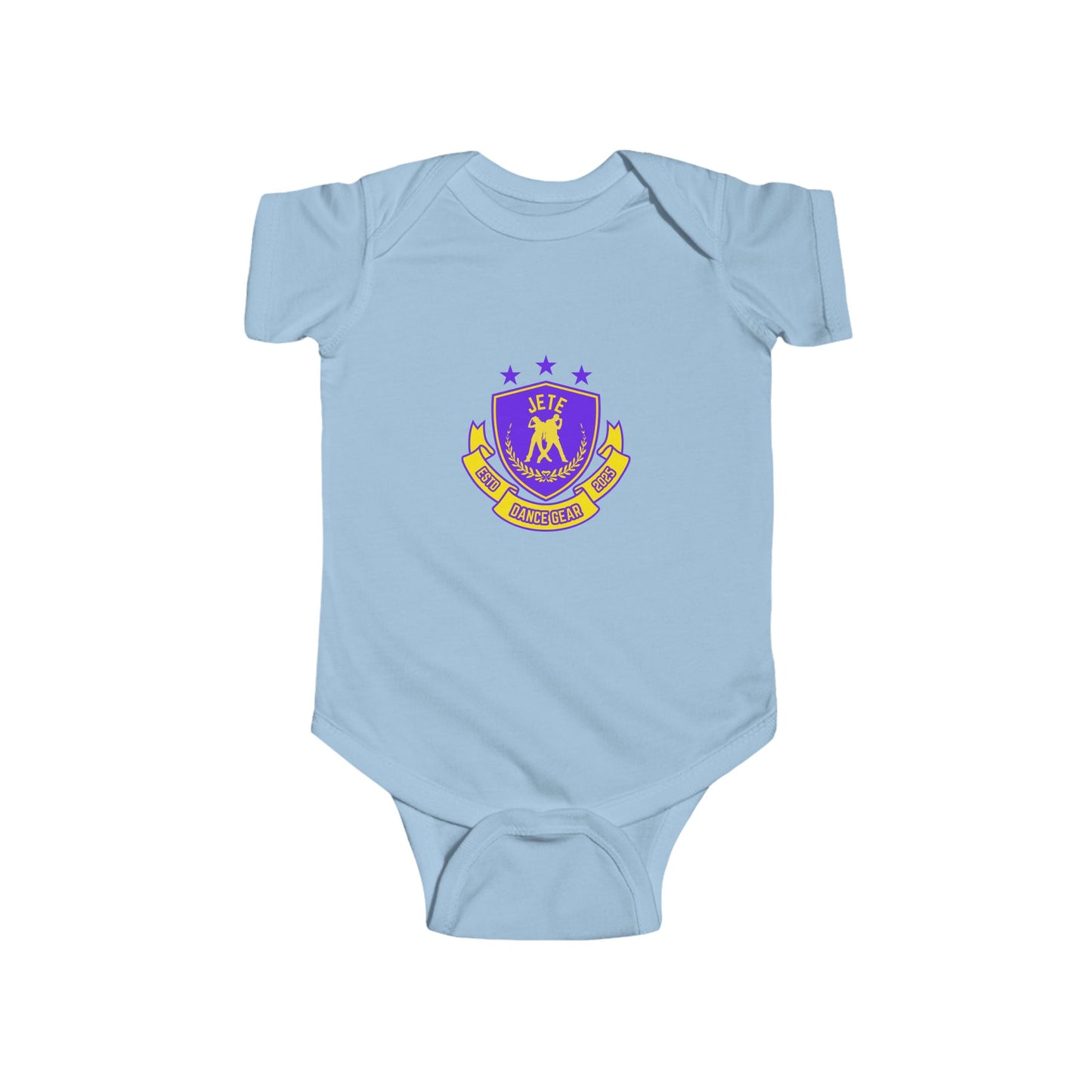 "Jeté Dance Gear" Infant Short Sleeve Bodysuit – Collegiate-Inspired Dance Graphic Baby Outfit for Future Dancers