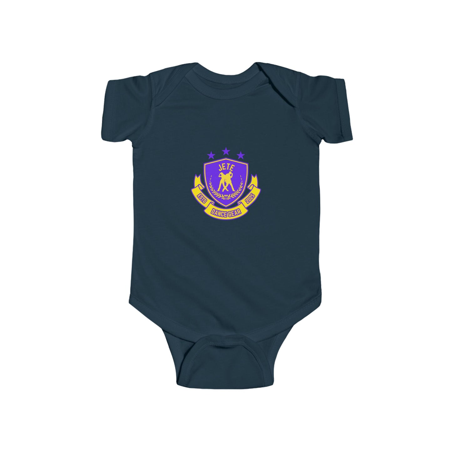 "Jeté Dance Gear" Infant Short Sleeve Bodysuit – Collegiate-Inspired Dance Graphic Baby Outfit for Future Dancers