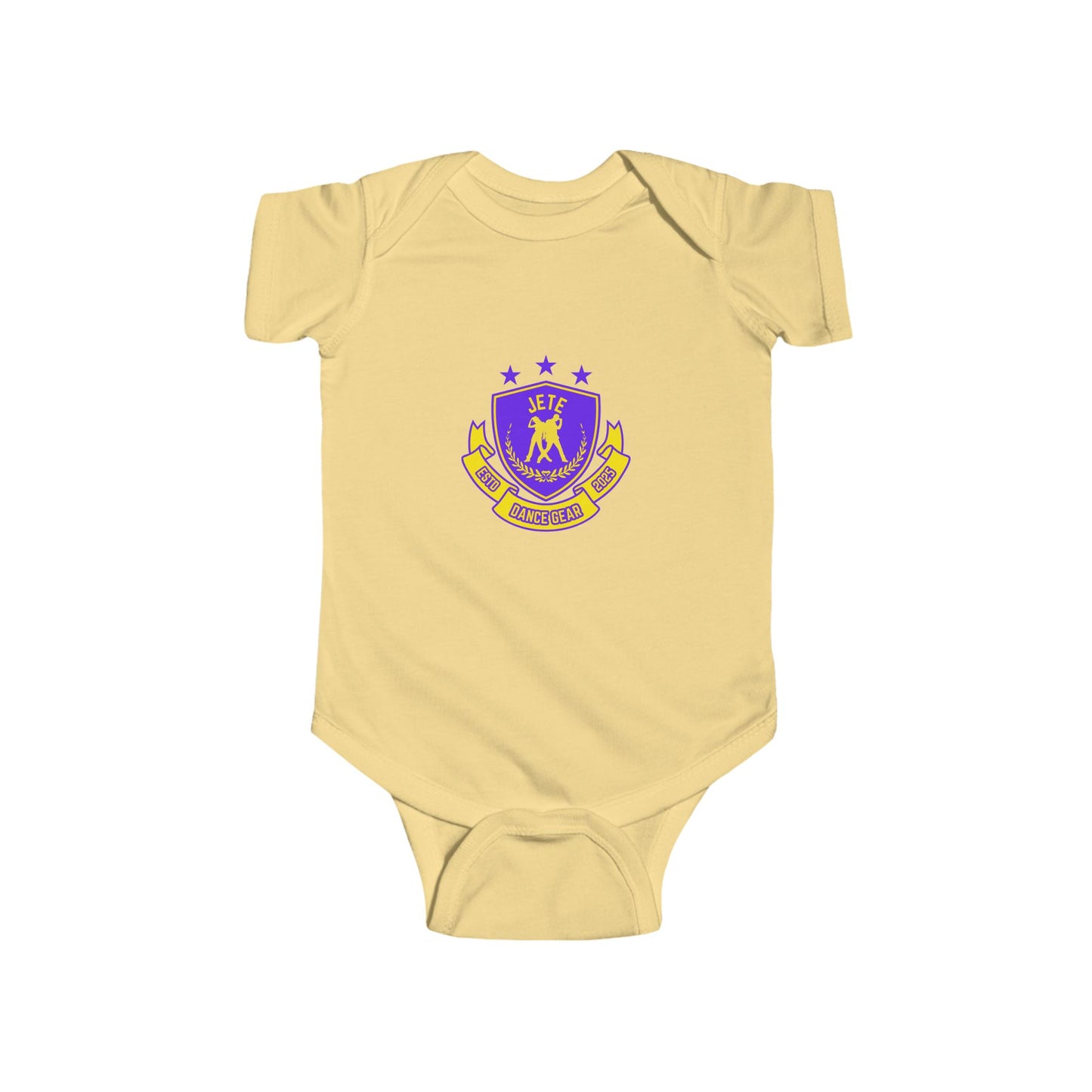 "Jeté Dance Gear" Infant Short Sleeve Bodysuit – Collegiate-Inspired Dance Graphic Baby Outfit for Future Dancers