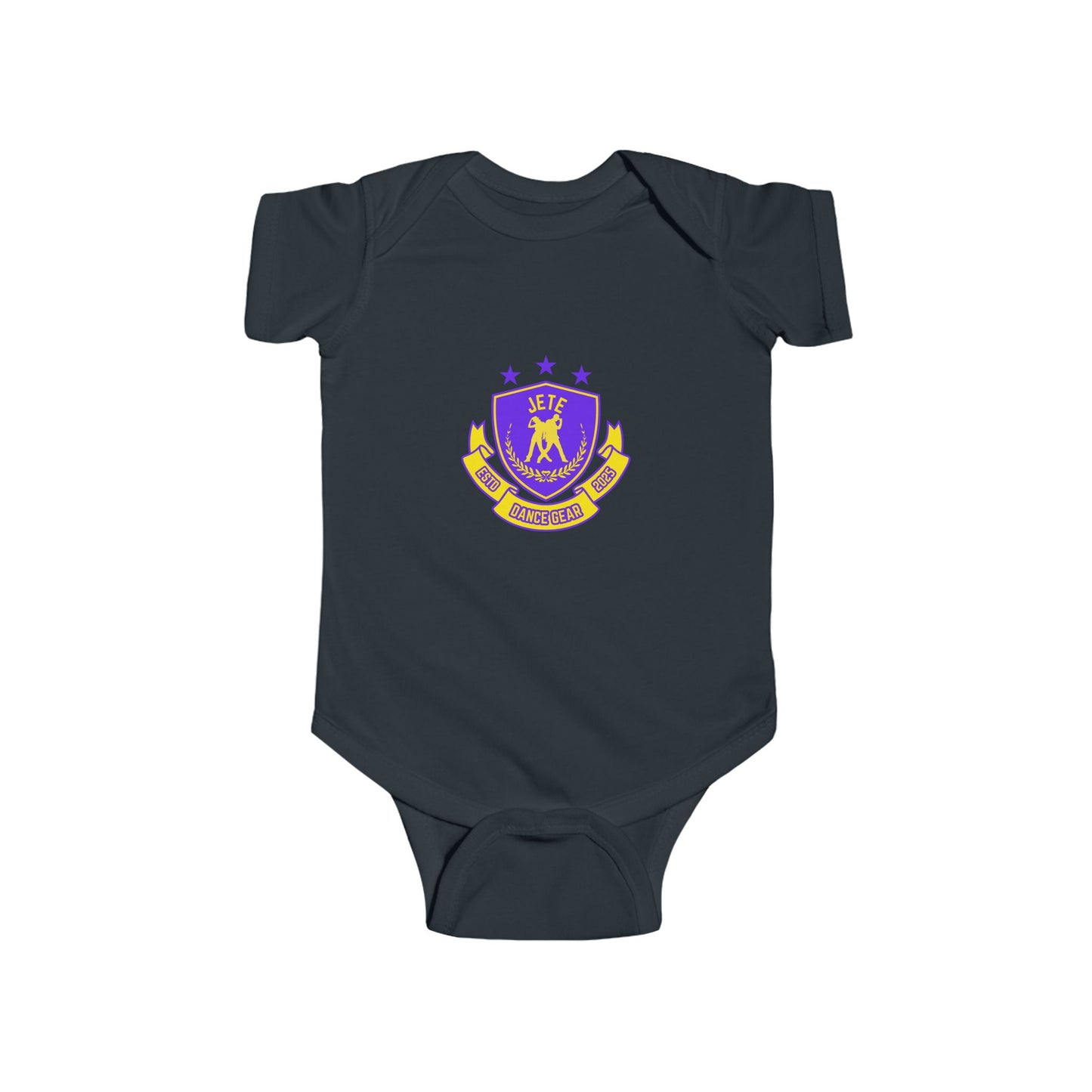 "Jeté Dance Gear" Infant Short Sleeve Bodysuit – Collegiate-Inspired Dance Graphic Baby Outfit for Future Dancers