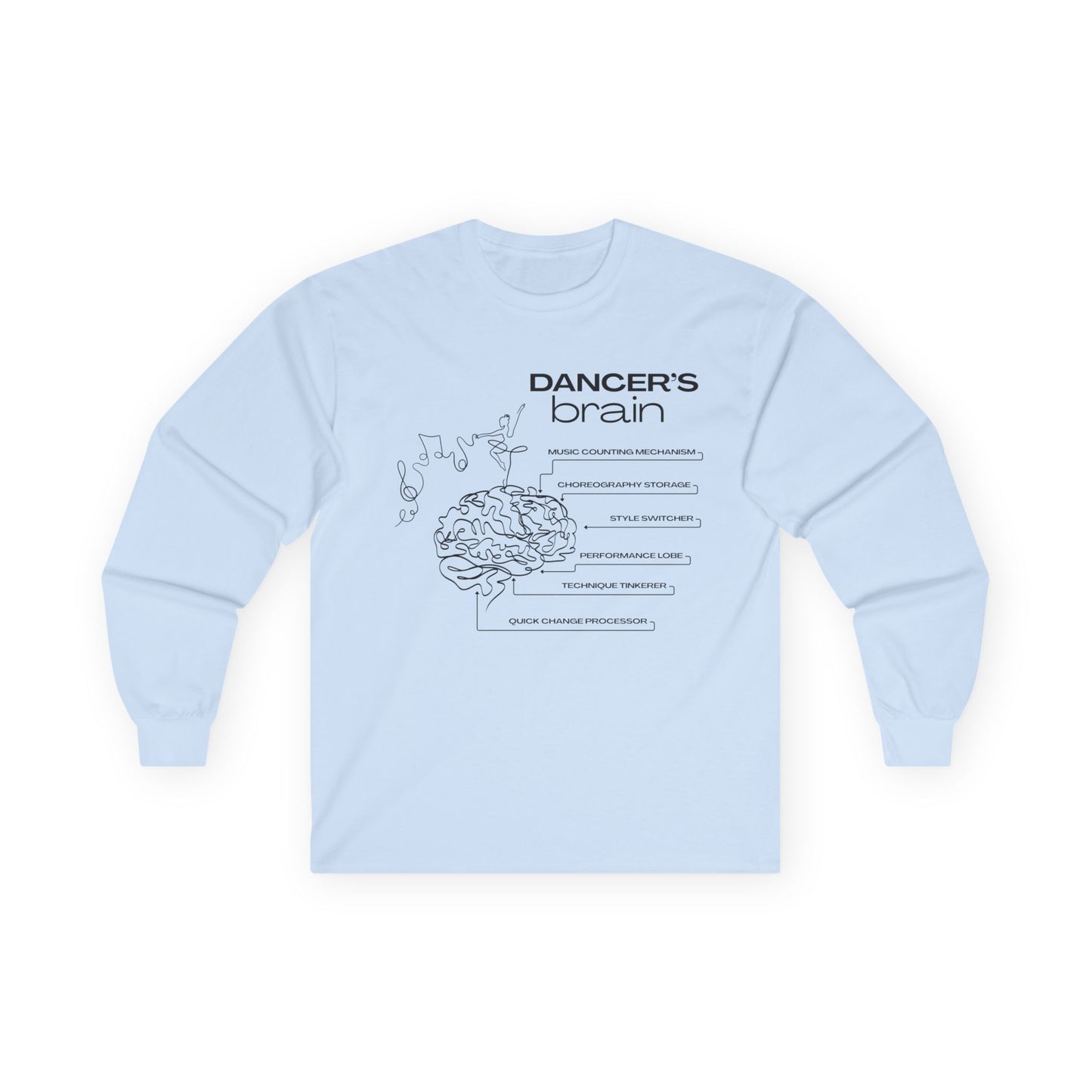 “Dancer’s Brain” Unisex Long Sleeve Tee – Funny Ballet & Dance Graphic Shirt with Labeled Brain Design + Optional Name or Studio Personalization