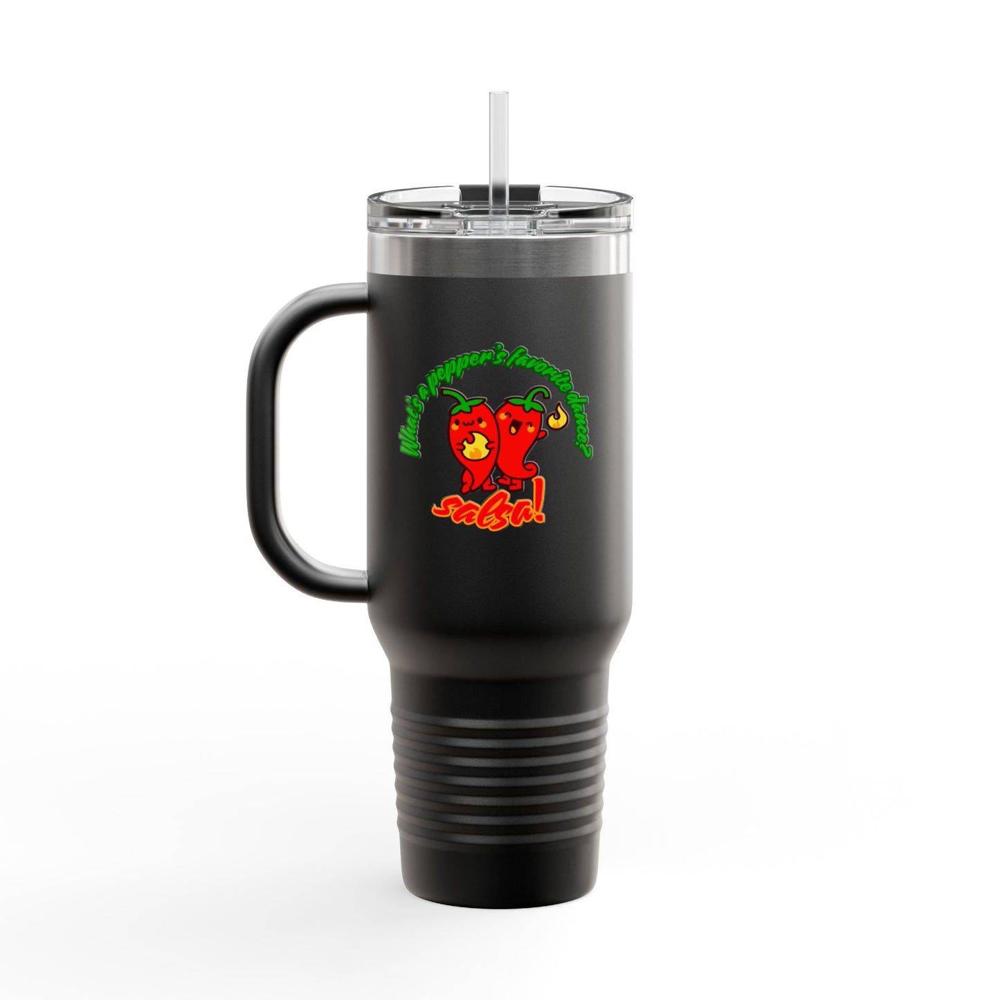 "What's a Pepper's Favorite Dance? Salsa." Funny Dance Quote 40oz Insulated Travel Mug – Bold Pepper Graphic Stainless Steel Tumbler