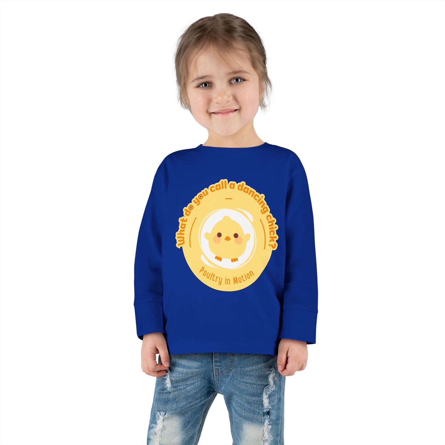 "What Do You Call a Dancing Chick? Poultry in Motion" Toddler Dance T-Shirt – Cute Chicken Graphic Long Sleeve Tee for Kids
