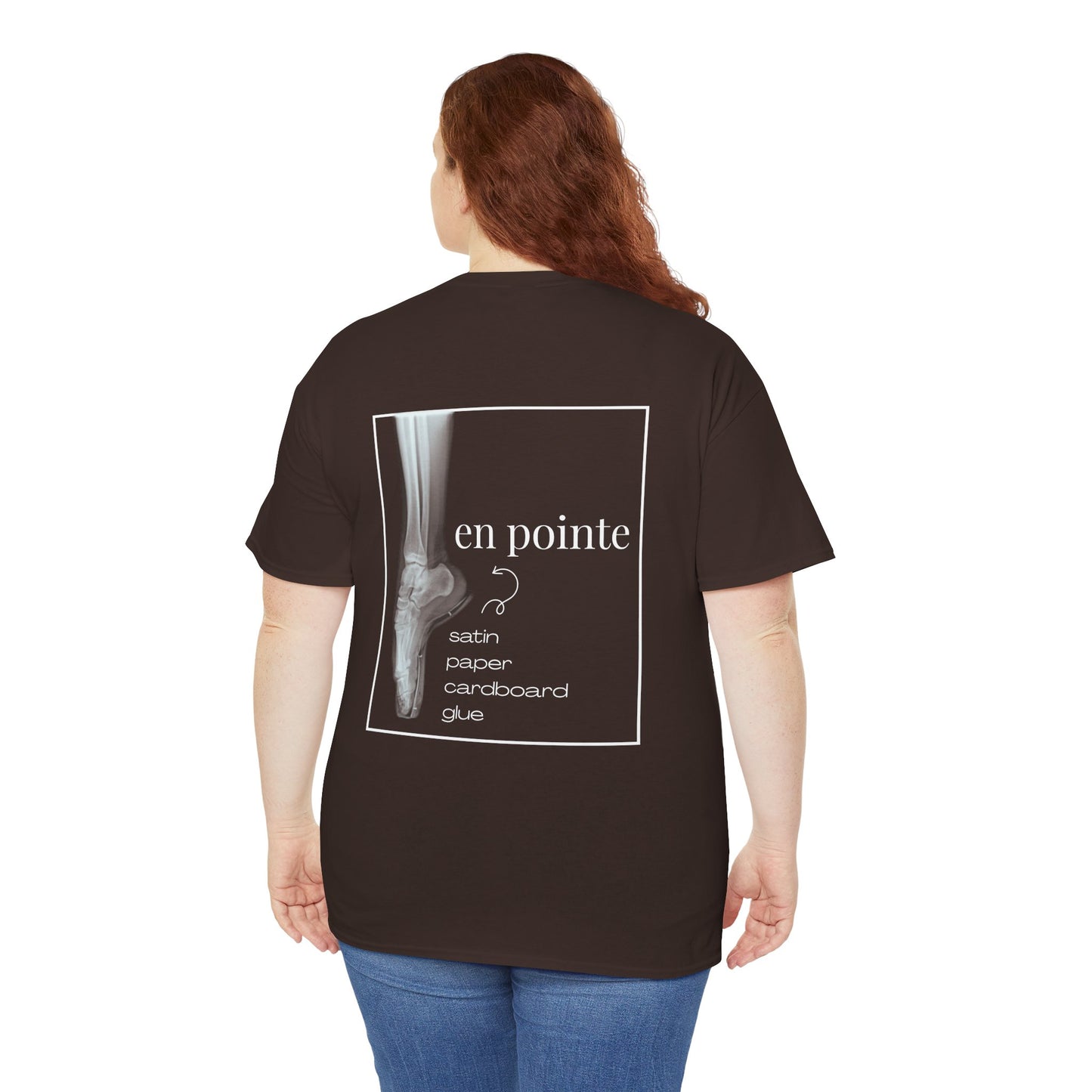 “I Dance en Pointe” X-Ray Ballet T-Shirt – Unisex Heavy Cotton Tee Featuring Pointe Shoe Foot Graphic with Optional Name or Studio Personalization on the back