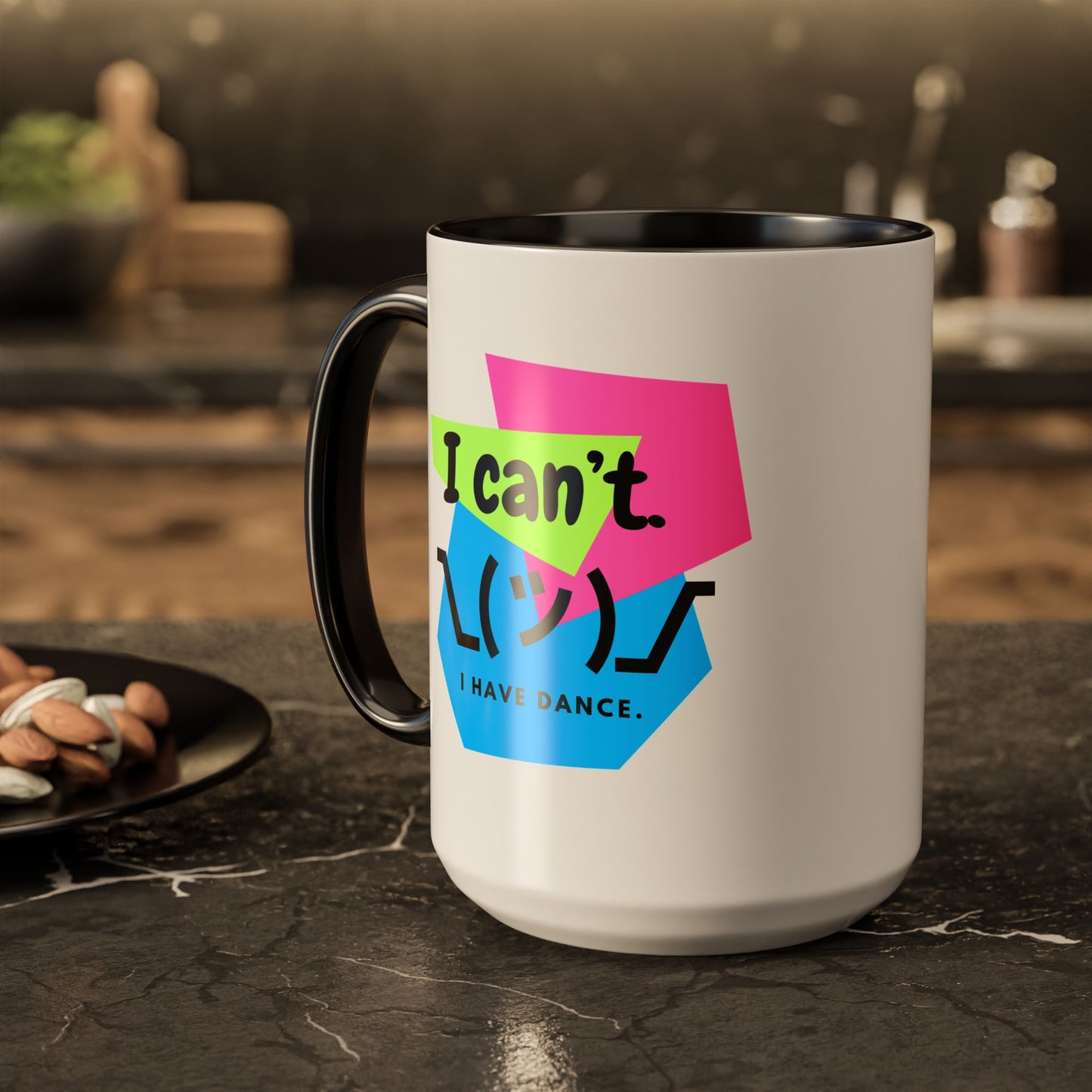 “I Can’t. I Have Dance Mug.” with Colored Handles – Bold 80s Retro Dance Graphic Coffee Cup