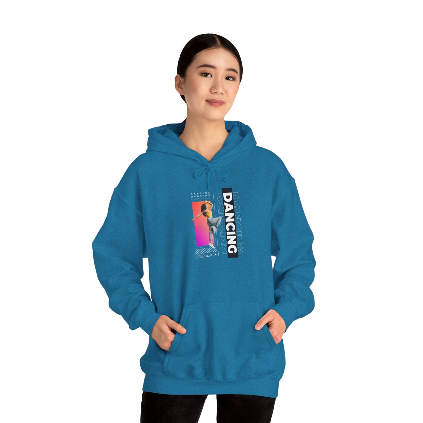 Dancing” Text with Streetwear-Style Female Dancer Graphic - Unisex Heavy Blend™ Hooded Sweatshirt – Cozy Dance Hoodie for Ballet & Hip-Hop Enthusiasts