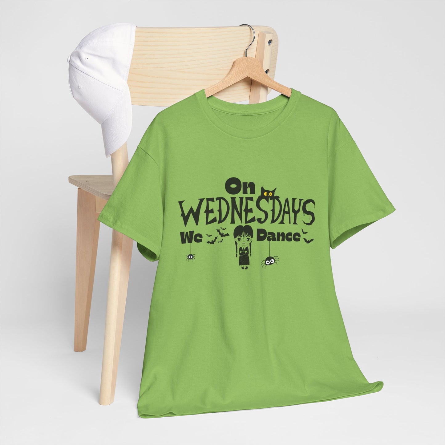 “On Wednesdays We Dance” Gothic Halloween T-Shirt with Cute Girl, Black Cat, Spiders & Bats - Unisex Heavy Cotton Tee