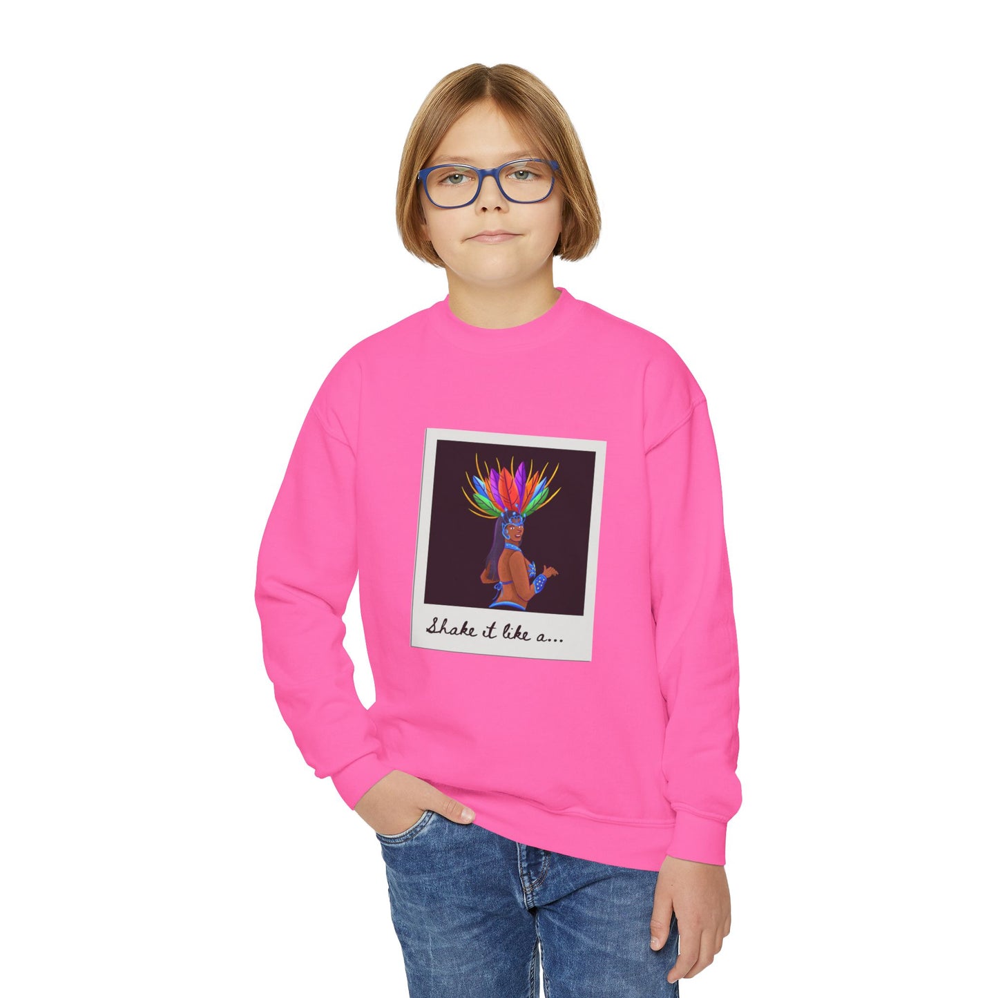 "Shake It Like a..." Youth Crewneck Sweatshirt – Carnival-Inspired Samba Dancer Graphic Pullover for Kids and Teens