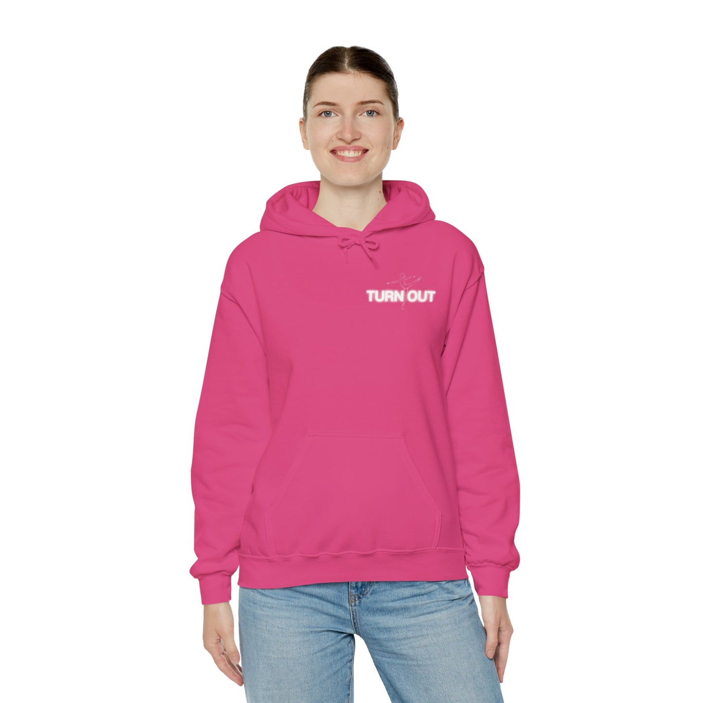 Person wearing a pink hoodie with 'TURN OUT' text on a white background