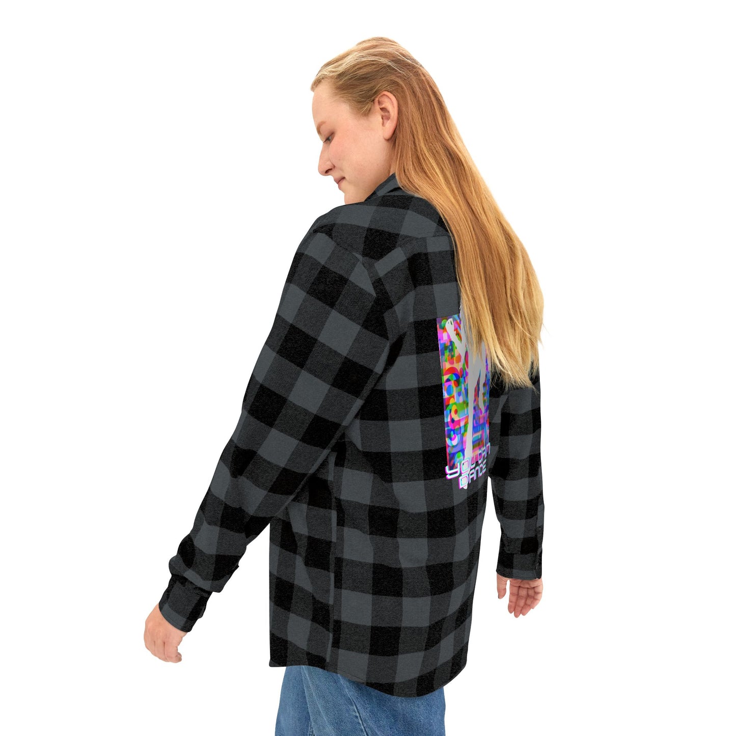Levels Premium Collection Flannel Shirt – Unisex Streetwear Button-Up with "Levels Pictures Textures" Front Text and Bold Dancer Silhouette Back Graphic