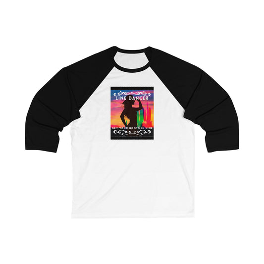 "Line Dancer – Get Your Boots in Line" Unisex 3/4 Sleeve Baseball Tee – Western-Inspired Country Dance Shirt for Dancers