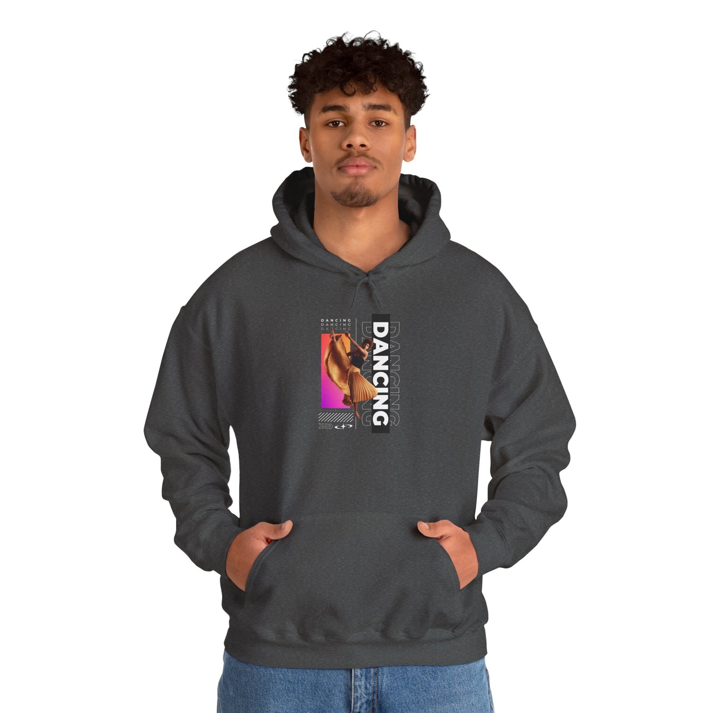 "Dancing” Text with Streetwear-Style Female Dancer Graphic - Unisex Heavy Blend™ Hooded Sweatshirt – Cozy Dance Hoodie for Ballet & Hip-Hop Enthusiasts