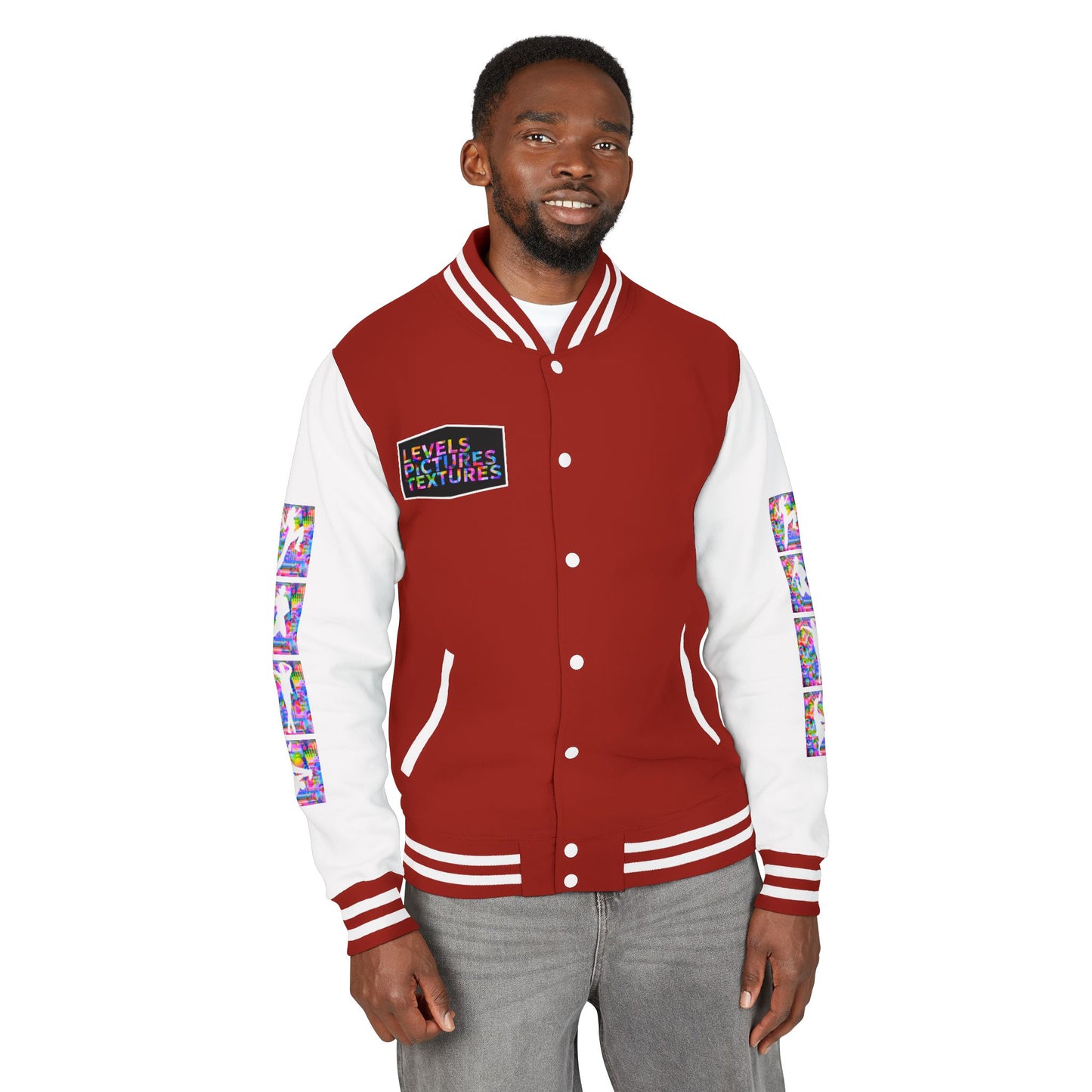 Levels Premium Collection Dance Letterman Jacket β Colorful Unisex Streetwear Varsity Jacket with "Levels Pictures Textures" Front and Dancer Silhouette Back Graphic