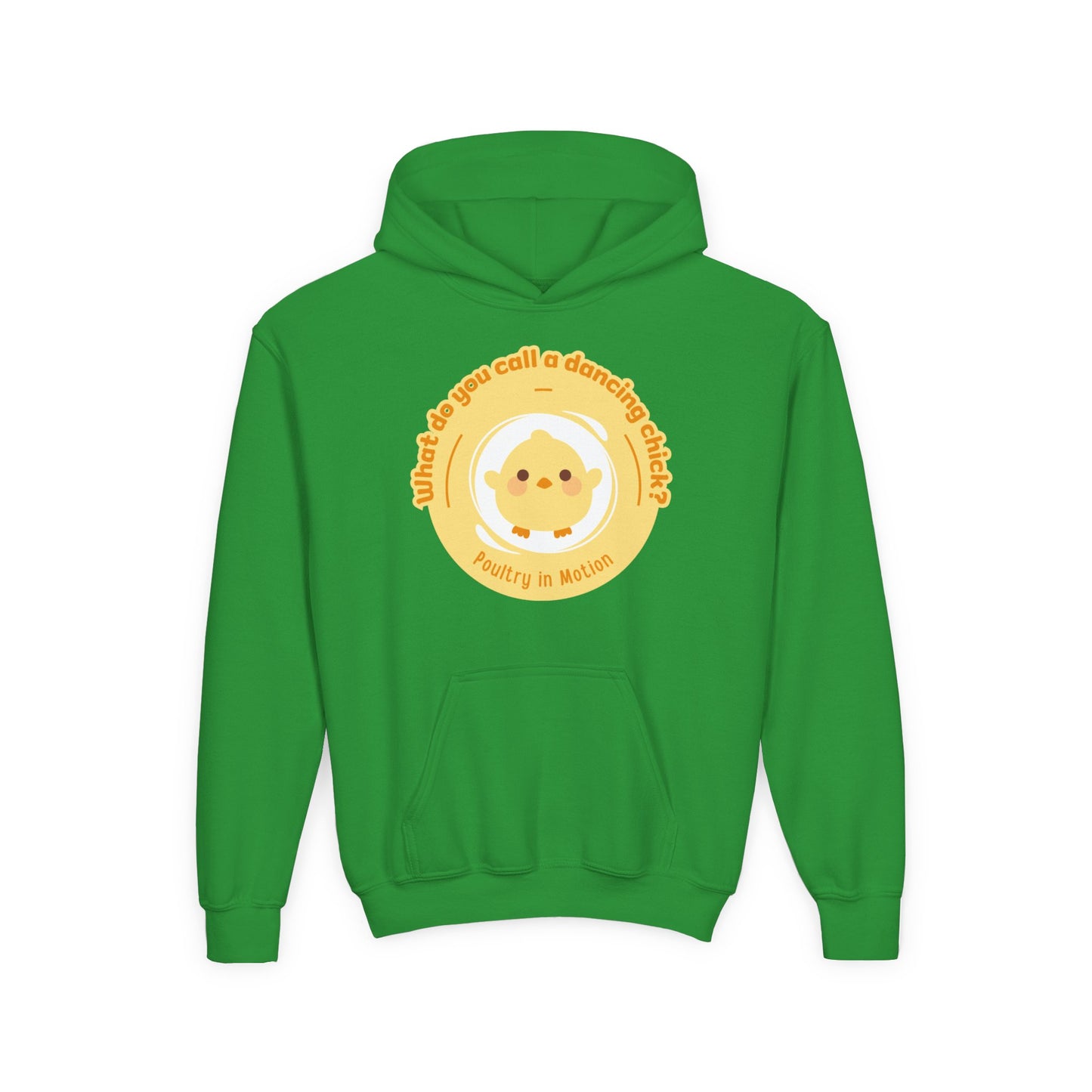 "What do you call a dancing chick? Poultry in Motion." Youth Hooded Sweatshirt – Funny Dancing Chick Pun Graphic Hoodie for Kids and Teens