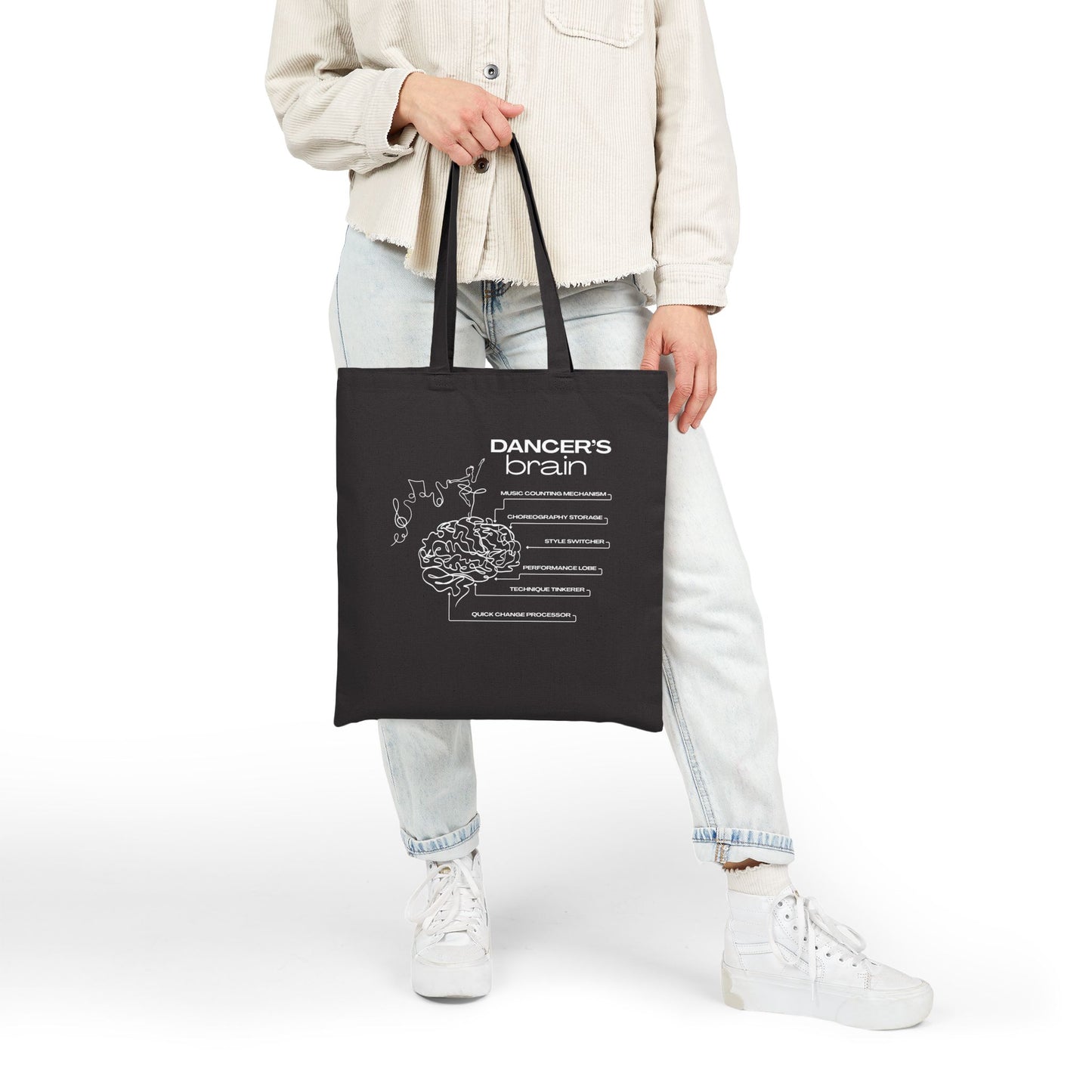 “Dancer’s Brain” Cotton Canvas Tote Bag with Funny Dance Mind Graphic – Cute Ballet & Dance Tote with Custom Name or Studio Personalization Option