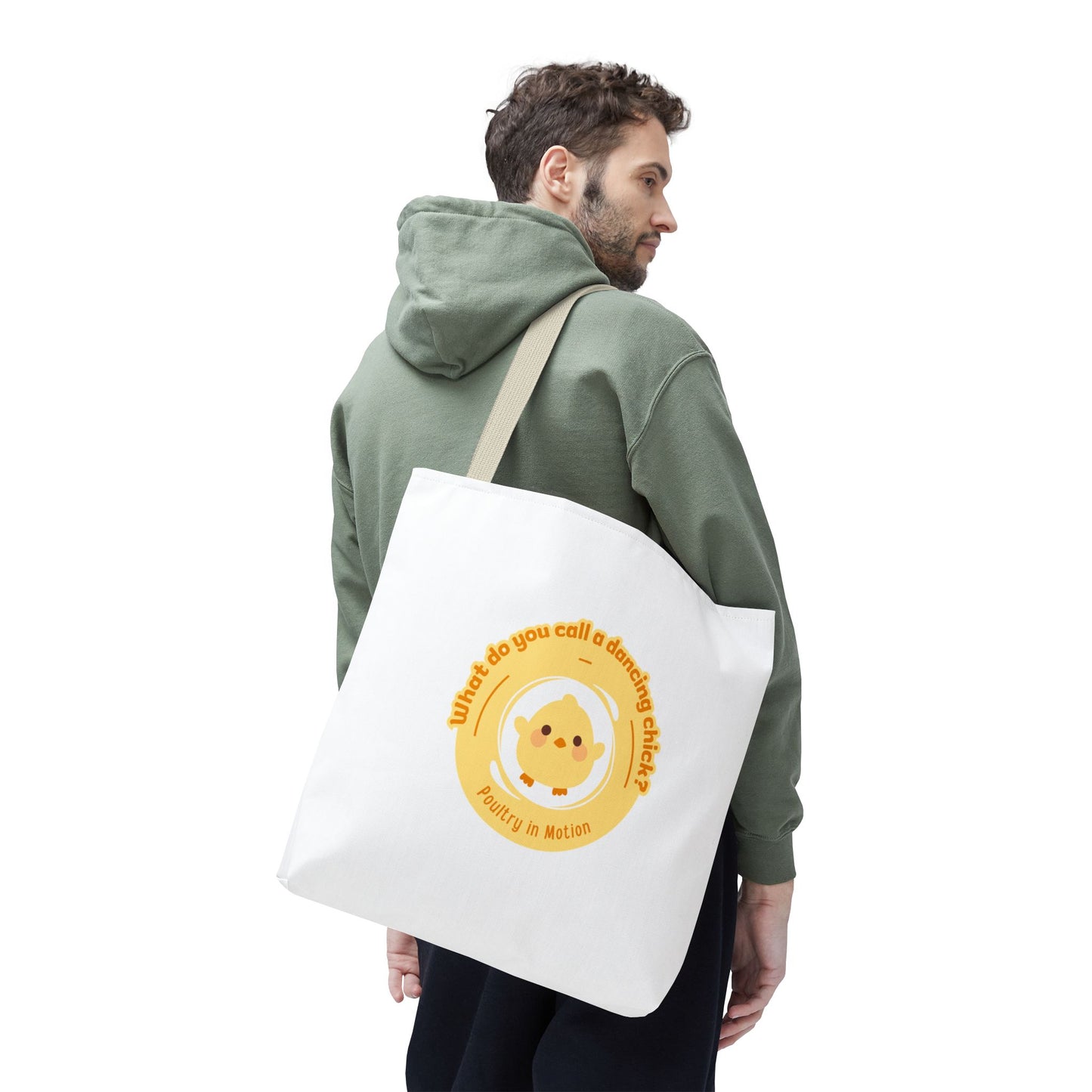 "What do you call a dancing chick? Poultry in Motion" Funny Dance Tote Bag – Kawaii Chicken Canvas Tote for Dancers & Dance Lovers