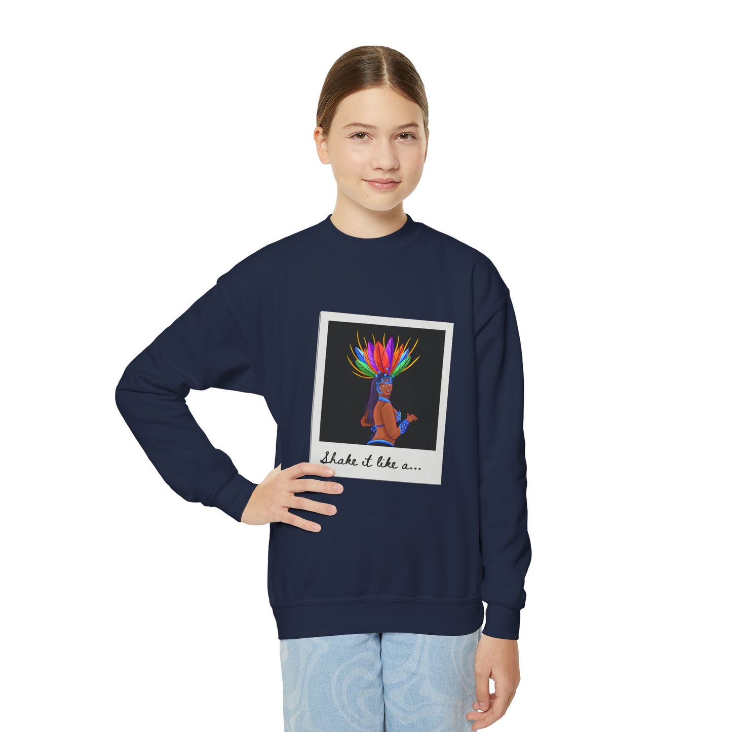 "Shake It Like a..." Youth Crewneck Sweatshirt – Carnival-Inspired Samba Dancer Graphic Pullover for Kids and Teens