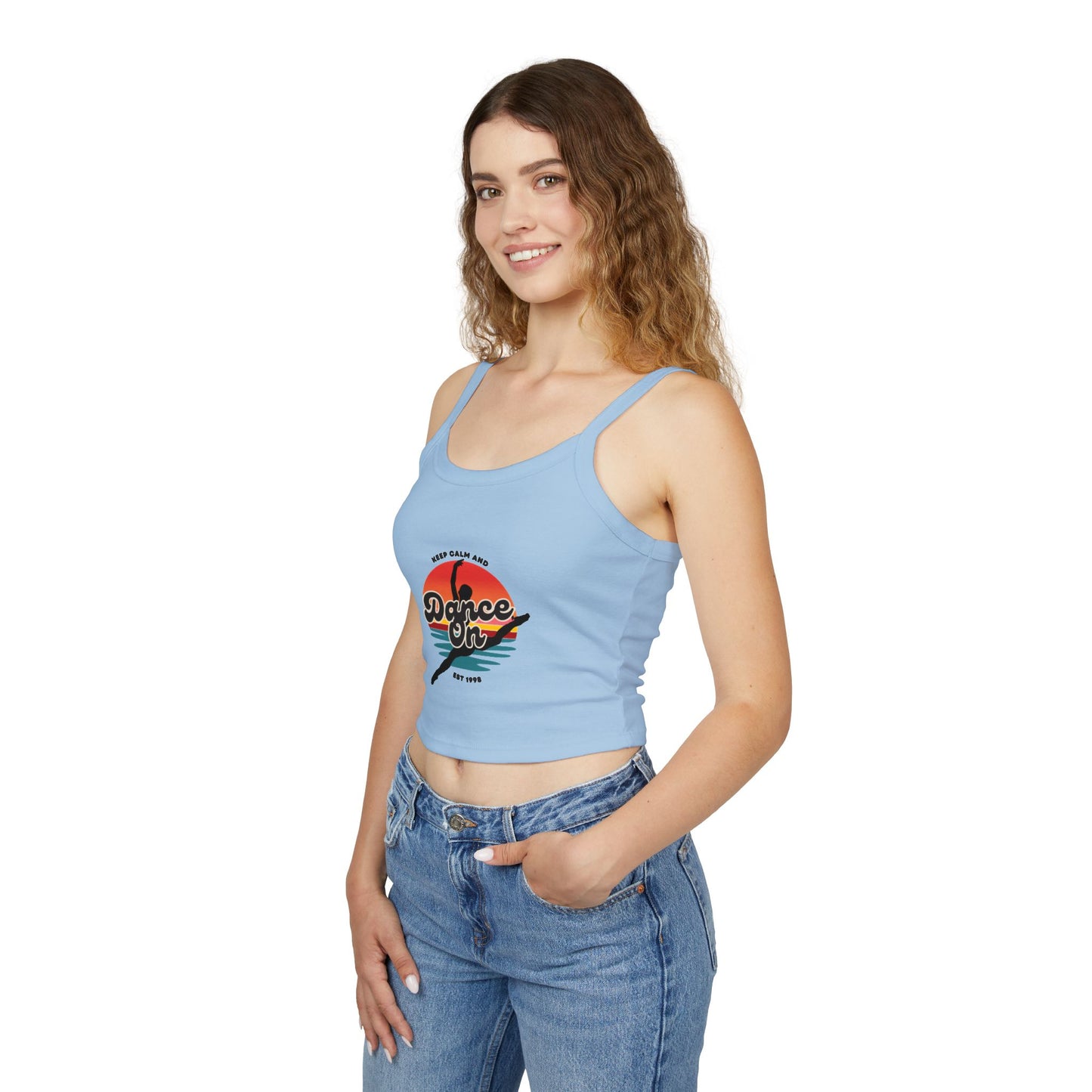 "Keep Calm and Dance On" Women’s Spaghetti Strap Tank Top – Retro Graphic Design | Fun & Stylish Dancewear for Studio, Festivals, and Everyday Outfits