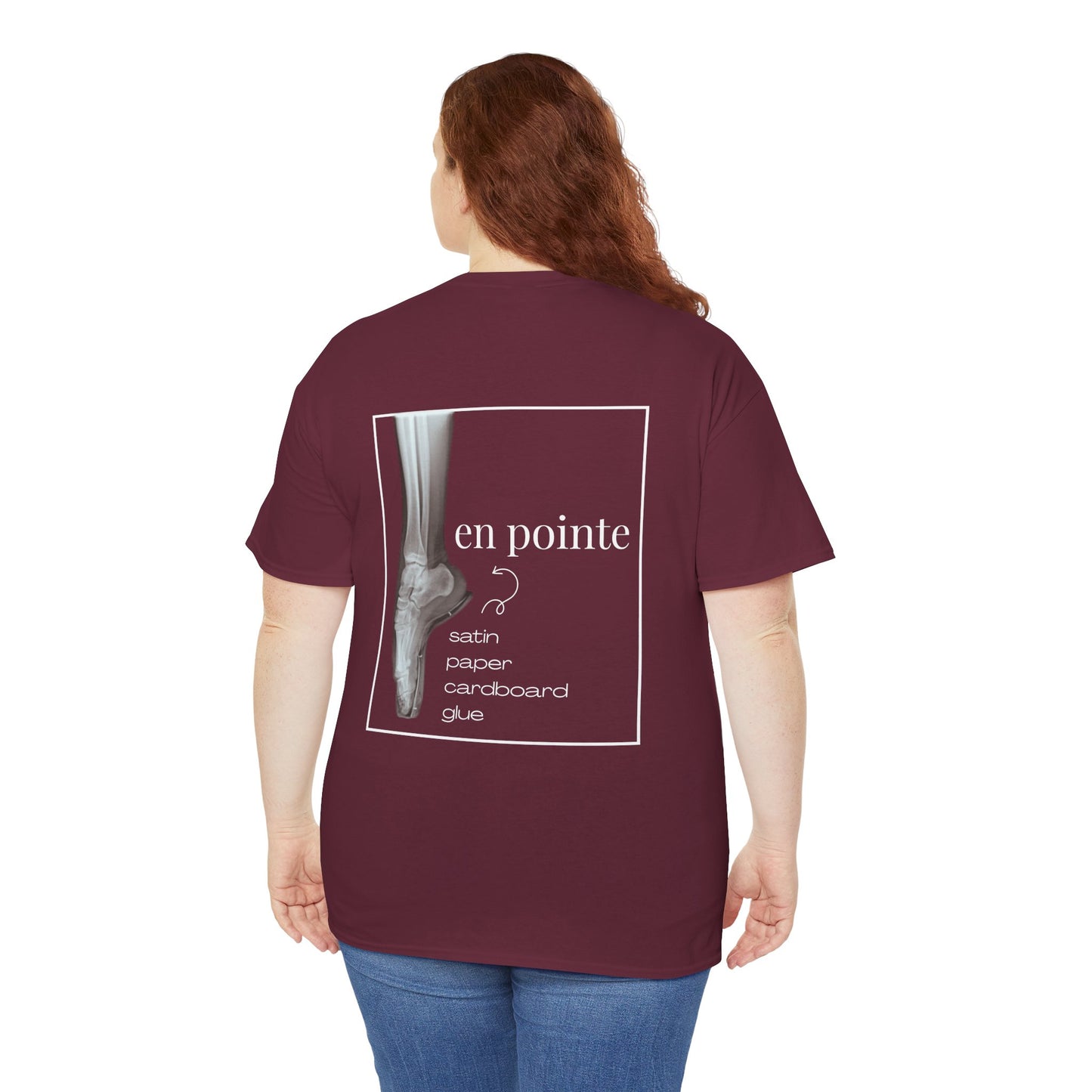 “I Dance en Pointe” X-Ray Ballet T-Shirt – Unisex Heavy Cotton Tee Featuring Pointe Shoe Foot Graphic with Optional Name or Studio Personalization on the back