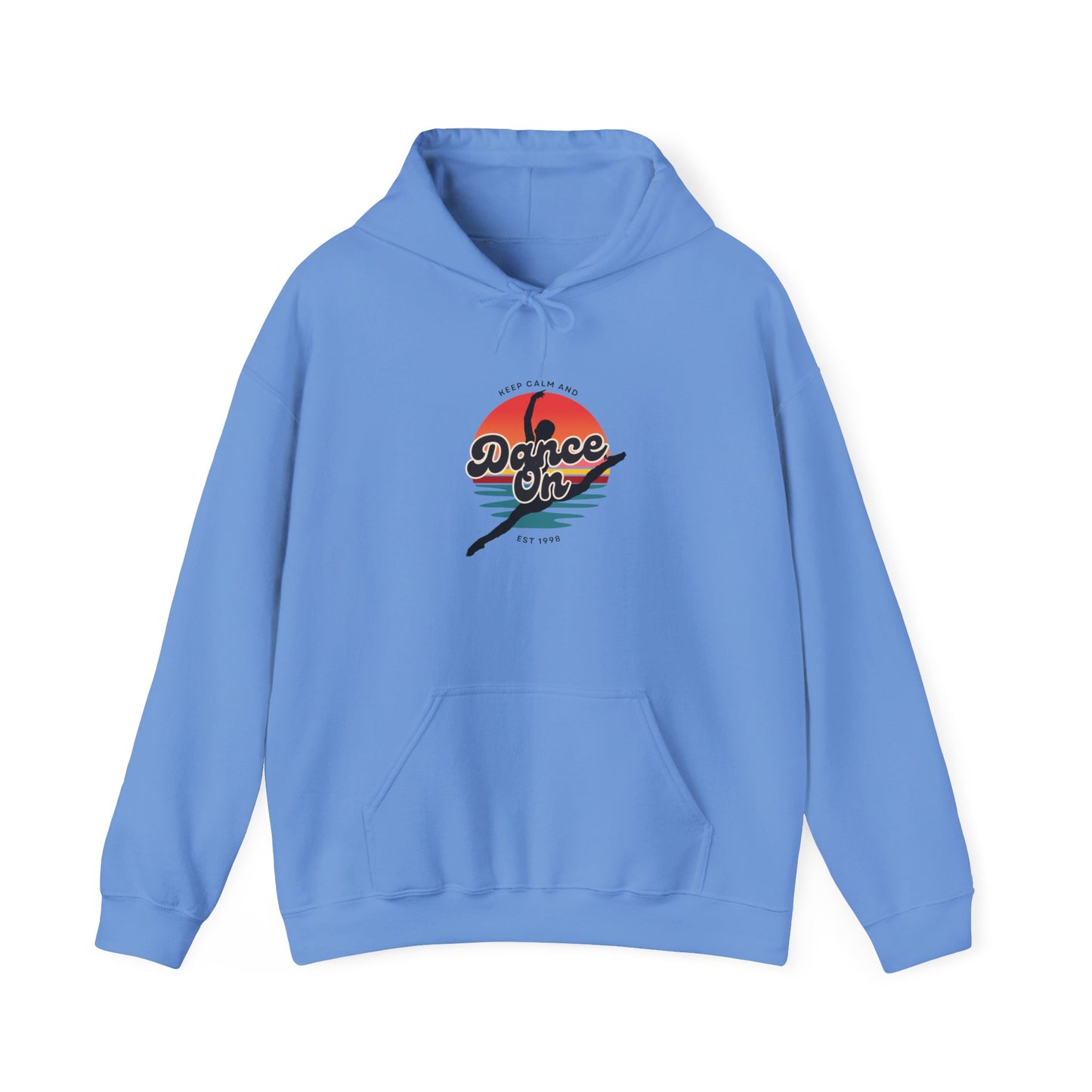 “Keep Calm and Dance On” Retro Hoodie – Unisex Dance-Inspired Hooded Sweatshirt for Dancers & Movement Lovers
