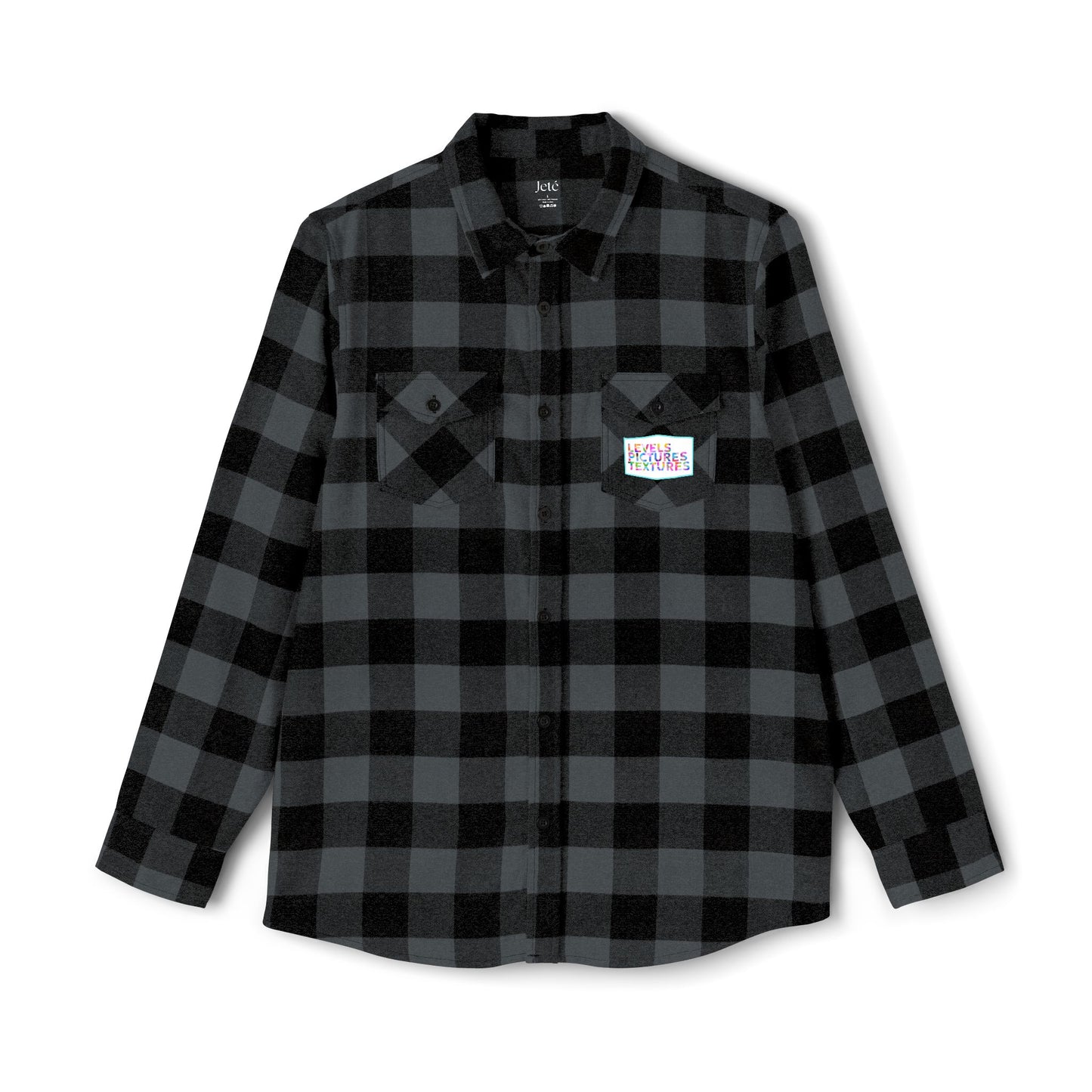 Levels Premium Collection Flannel Shirt – Unisex Streetwear Button-Up with "Levels Pictures Textures" Front Text and Bold Dancer Silhouette Back Graphic