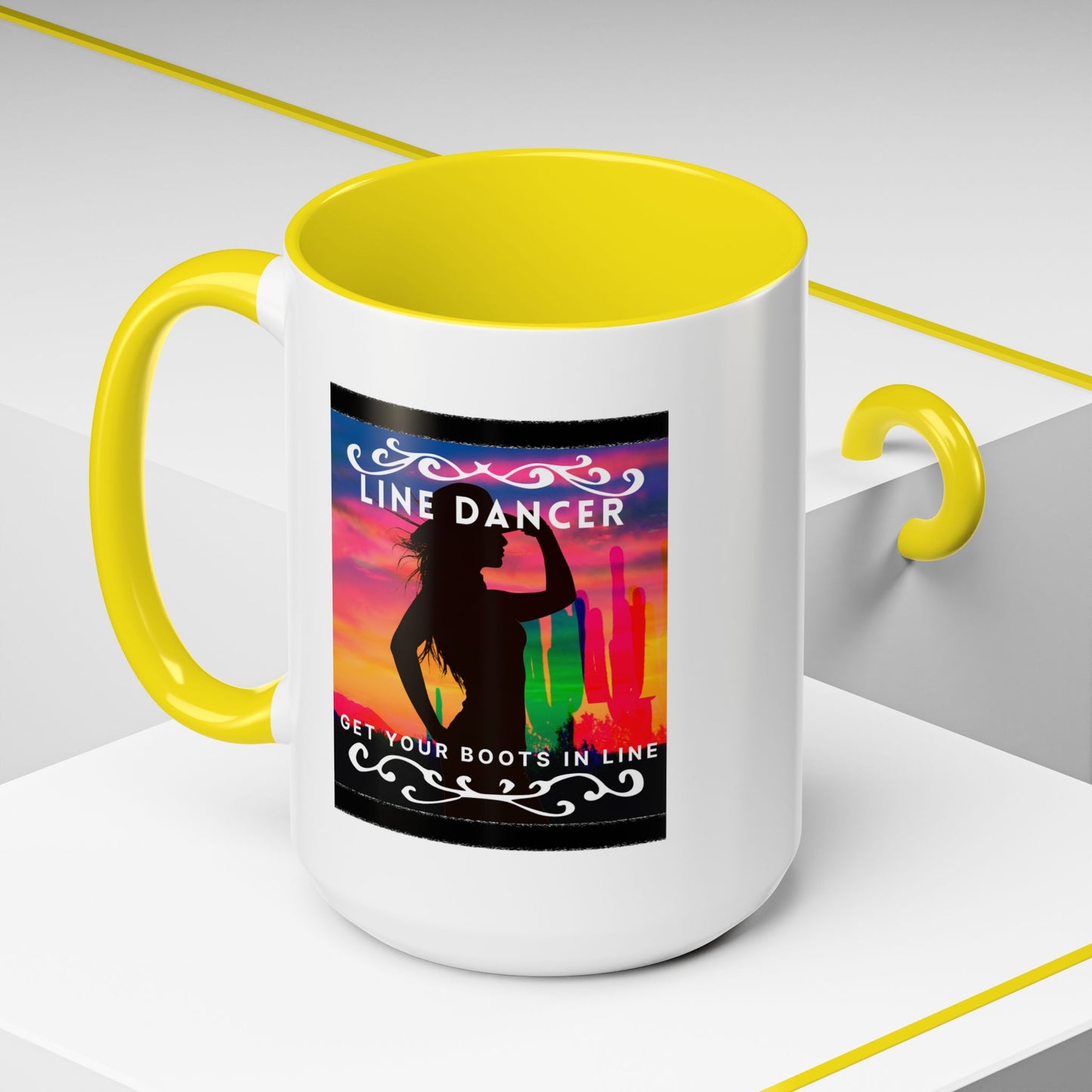 "Line Dancer" Accent Coffee Mug – Cute Cowgirl Graphic Ceramic Mug for Country Dance Lovers