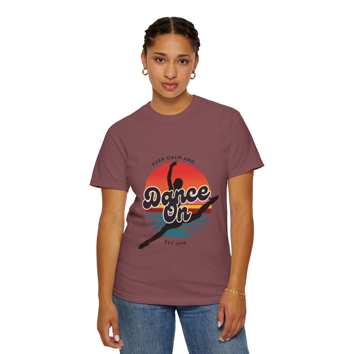 "Keep Calm and Dance On" Unisex Garment-Dyed T-Shirt – Retro Dance Graphic Tee – Vintage-Inspired Comfort Shirt for Dancers