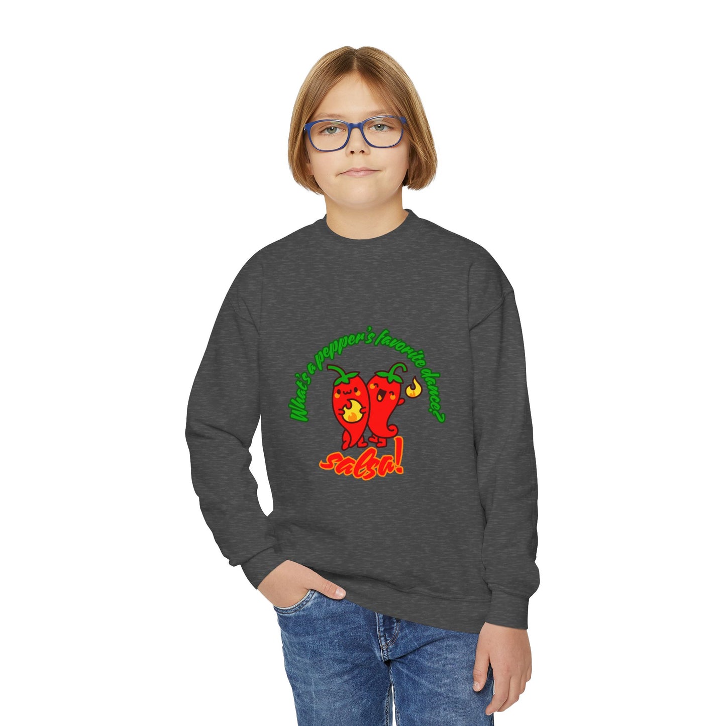 "What's a pepper's favorite dance? Salsa!" – Funny Dance Pun Youth Crewneck Sweatshirt | Cute Pepper Graphic Kids Pullover for Dancers