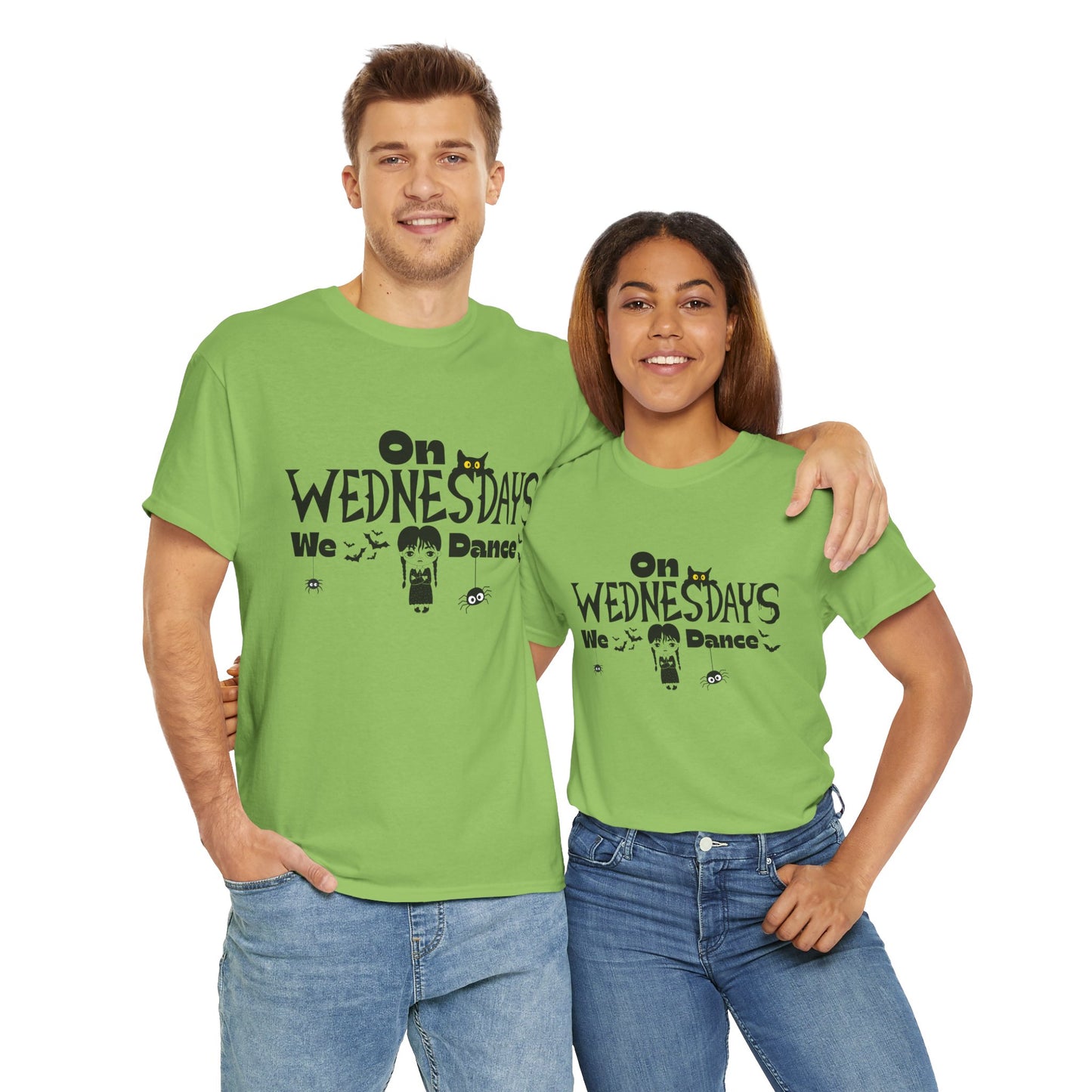 “On Wednesdays We Dance” Gothic Halloween T-Shirt with Cute Girl, Black Cat, Spiders & Bats - Unisex Heavy Cotton Tee