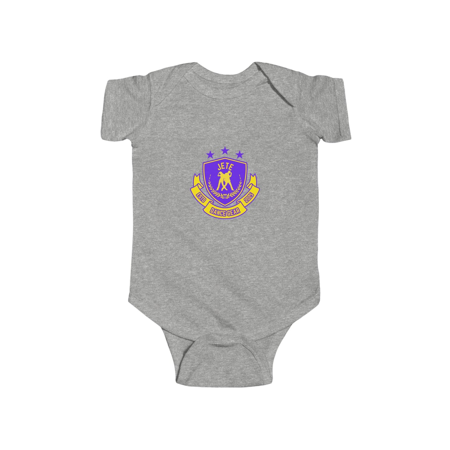 "Jeté Dance Gear" Infant Short Sleeve Bodysuit – Collegiate-Inspired Dance Graphic Baby Outfit for Future Dancers