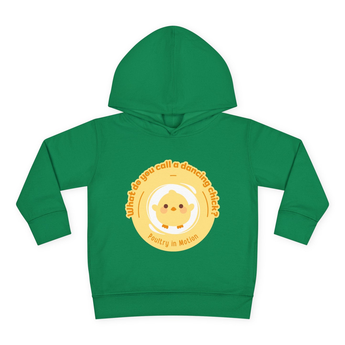 "What do you call a dancing chick? Poultry in Motion." Toddler Pullover Hoodie – Funny Dancing Chicken Pun Graphic Fleece Sweatshirt for Kids